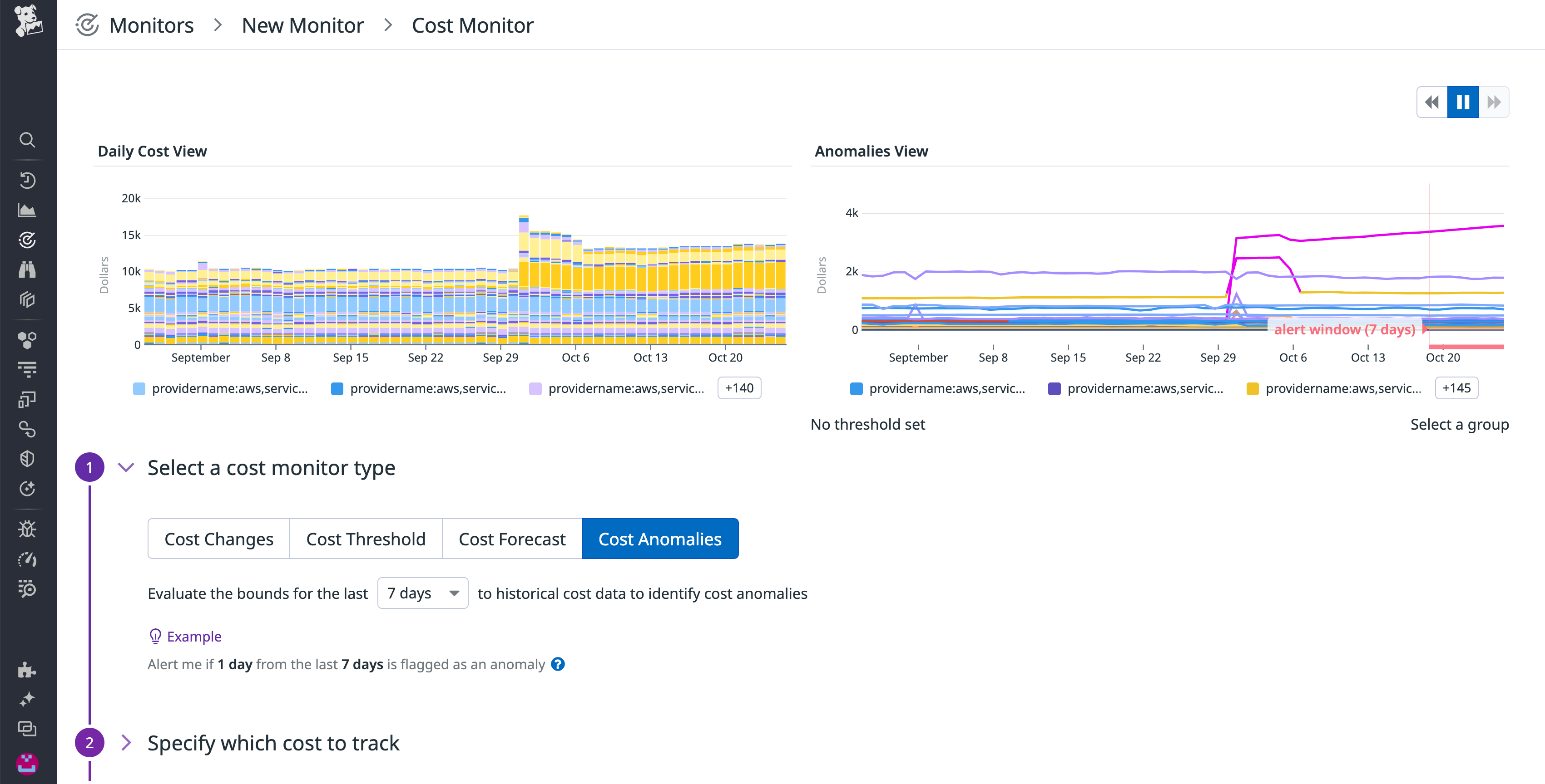 Setting up an anomaly cost monitor. The screenshot also shows daily cost view and anomalies view.