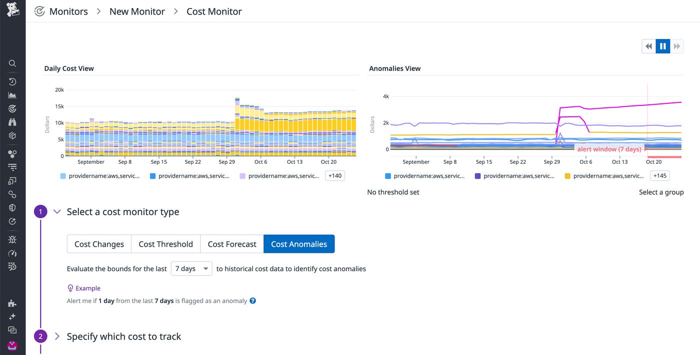 Setting up an anomaly cost monitor. The screenshot also shows daily cost view and anomalies view. Setting up an anomaly cost monitor. The screenshot also shows daily cost view and anomalies view.