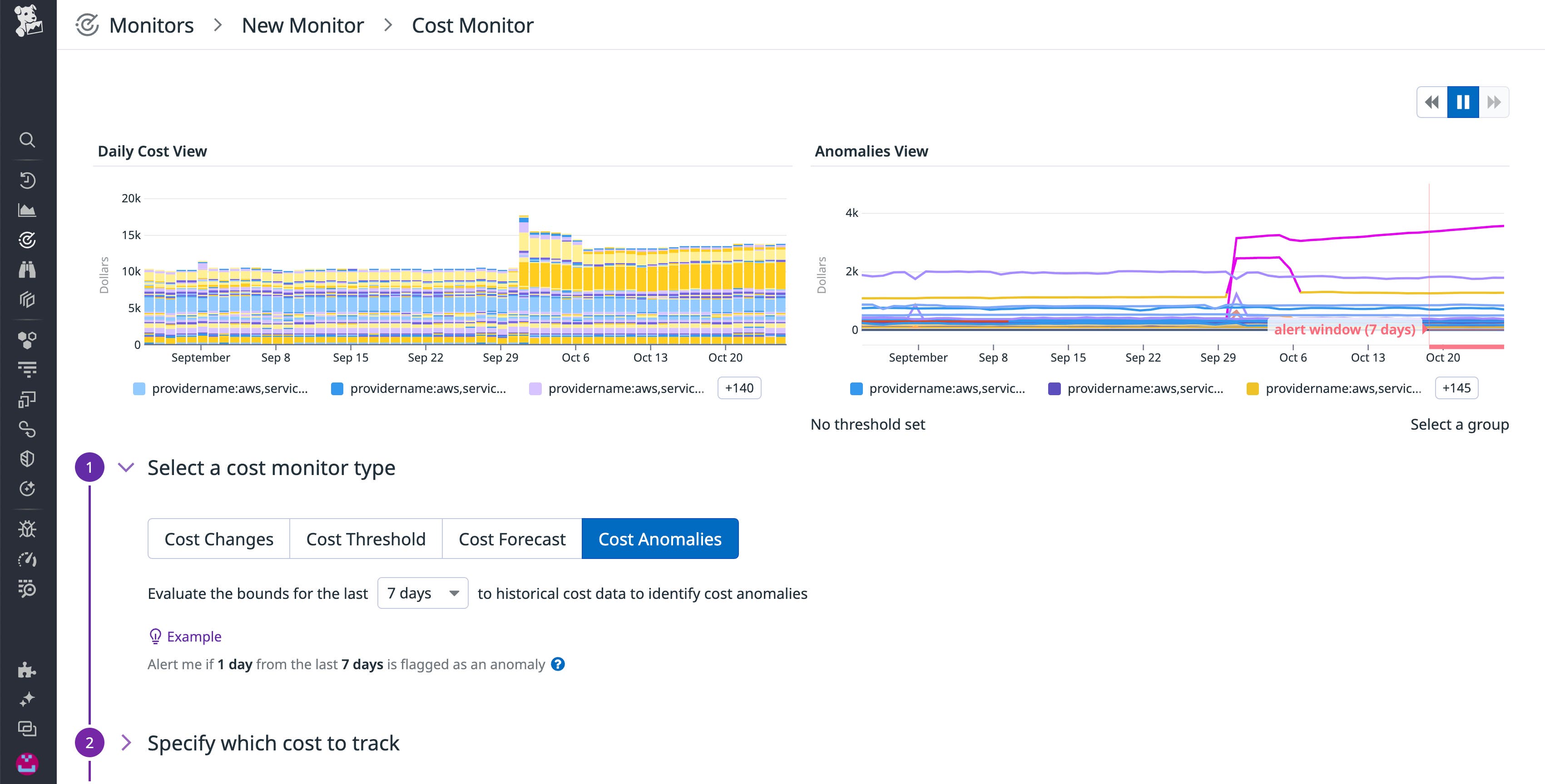 Setting up an anomaly cost monitor. The screenshot also shows daily cost view and anomalies view. Setting up an anomaly cost monitor. The screenshot also shows daily cost view and anomalies view.
