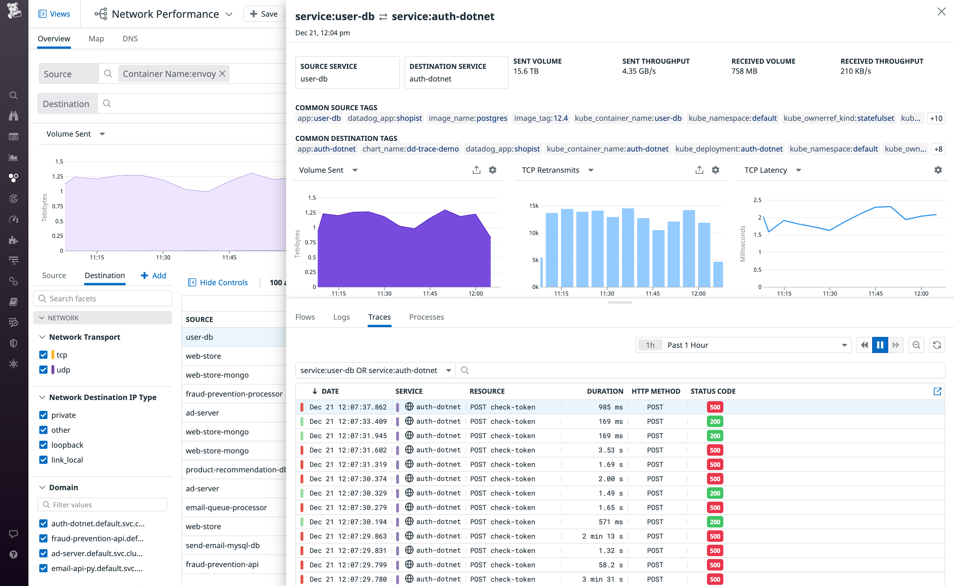 NPM shows traces from a single flow, including several errors and high-duration responses.