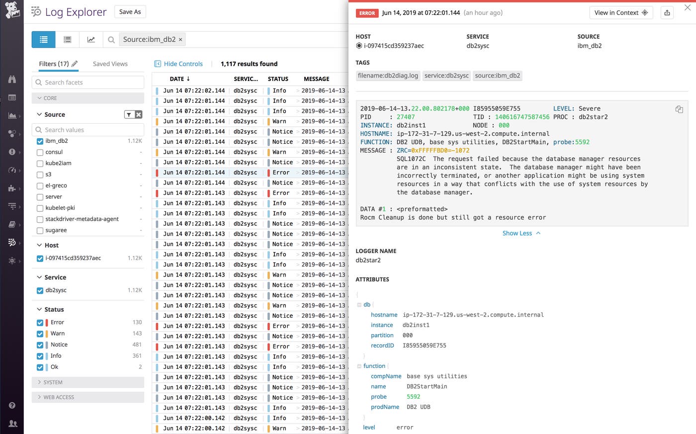 The Datadog Log Explorer shows a list of logs from the db2diag.log file and displays the full text of the selected log. The Datadog Log Explorer shows a list of logs from the db2diag.log file and displays the full text of the selected log.