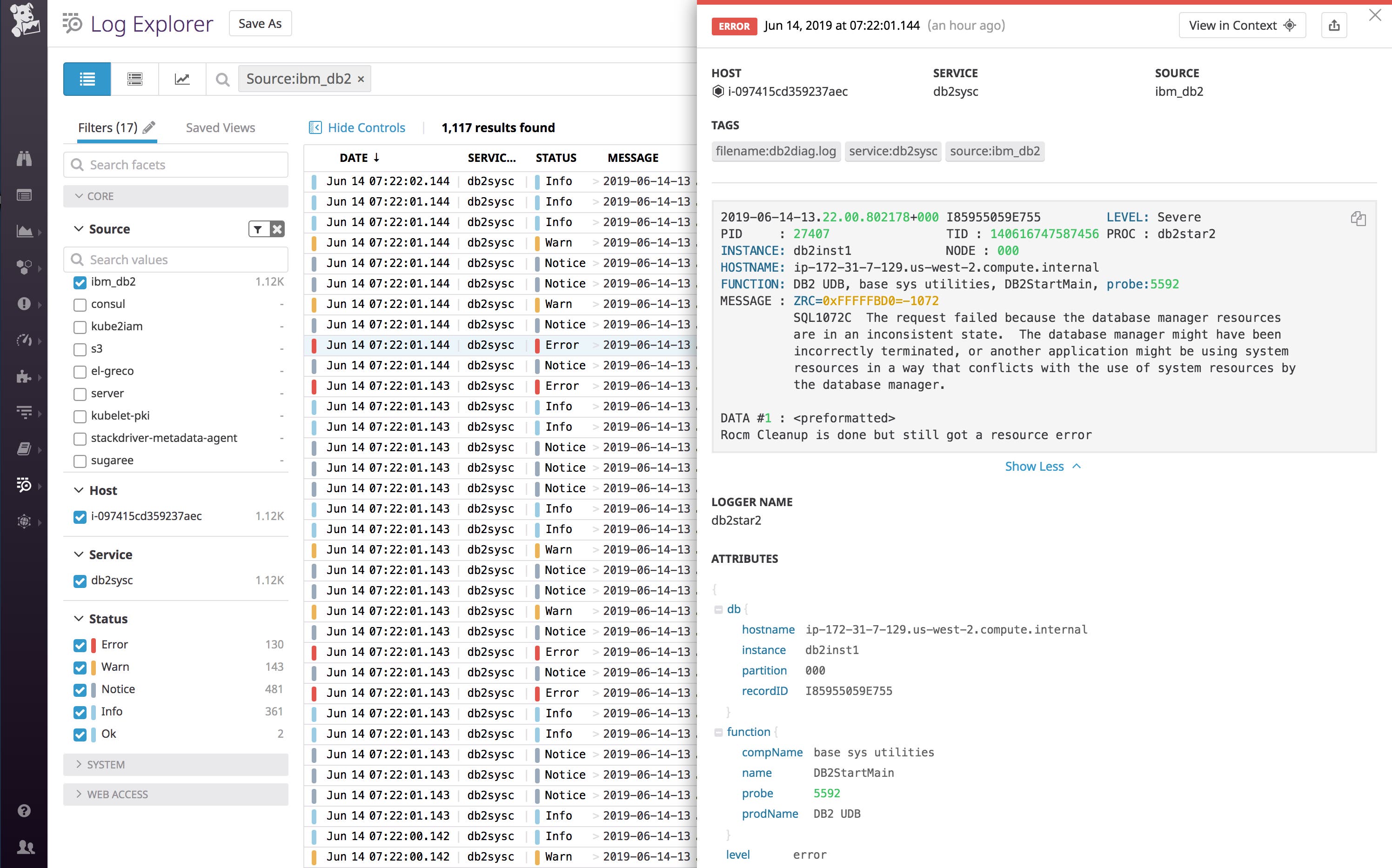 The Datadog Log Explorer shows a list of logs from the db2diag.log file and displays the full text of the selected log. The Datadog Log Explorer shows a list of logs from the db2diag.log file and displays the full text of the selected log.