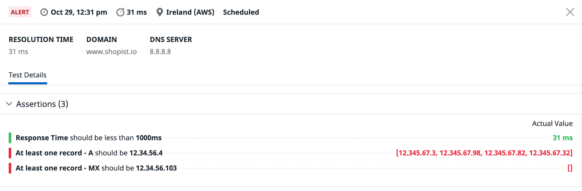 A screenshot shows a table of Synthetic Monitoring DNS test results. The results show one successful assertion and two failed assertions.