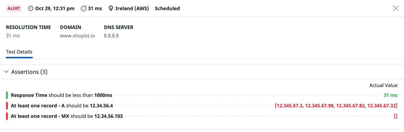 A screenshot shows a table of Synthetic Monitoring DNS test results. The results show one successful assertion and two failed assertions. A screenshot shows a table of Synthetic Monitoring DNS test results. The results show one successful assertion and two failed assertions.