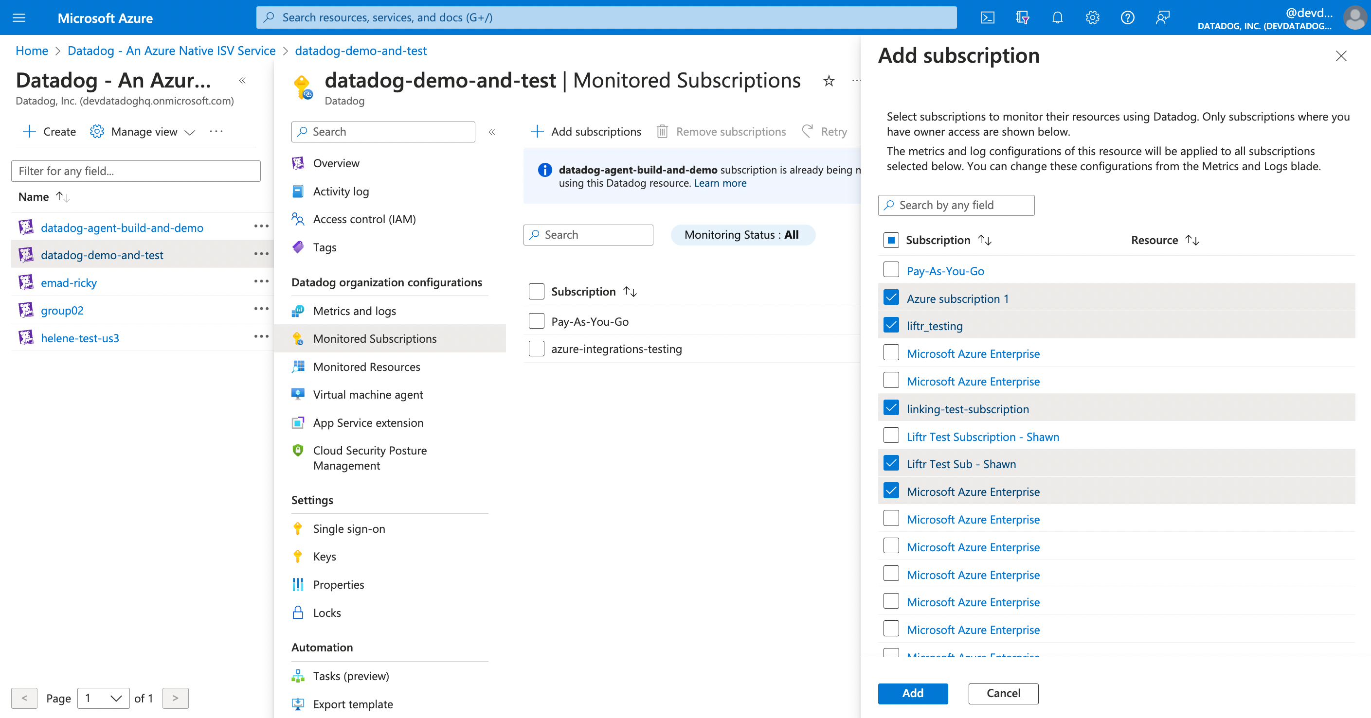 Select which Azure subscriptions you’d like to monitor with Datadog in the Azure portal.
