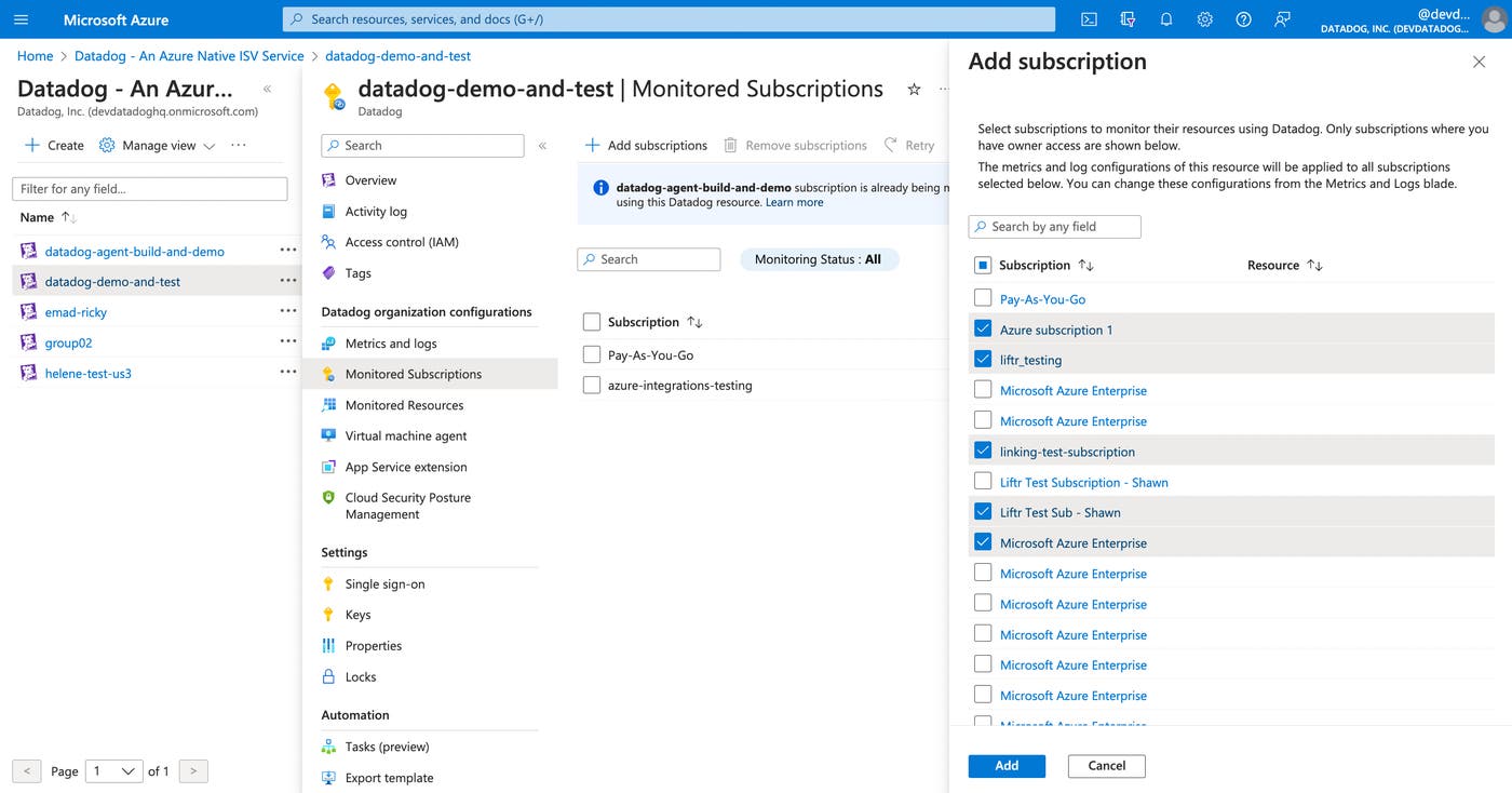 Select which Azure subscriptions you’d like to monitor with Datadog in the Azure portal. Select which Azure subscriptions you’d like to monitor with Datadog in the Azure portal.