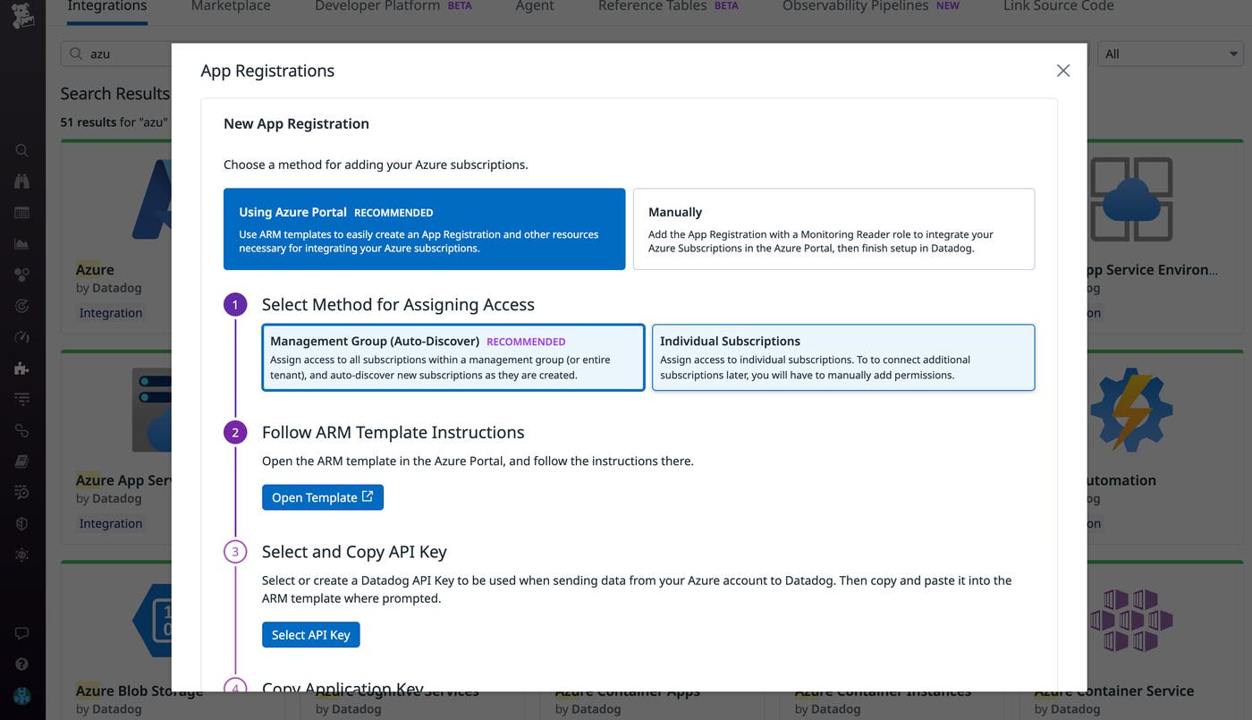 Configure Datadog for your Azure management groups using our new onboarding workflow. Configure Datadog for your Azure management groups using our new onboarding workflow.