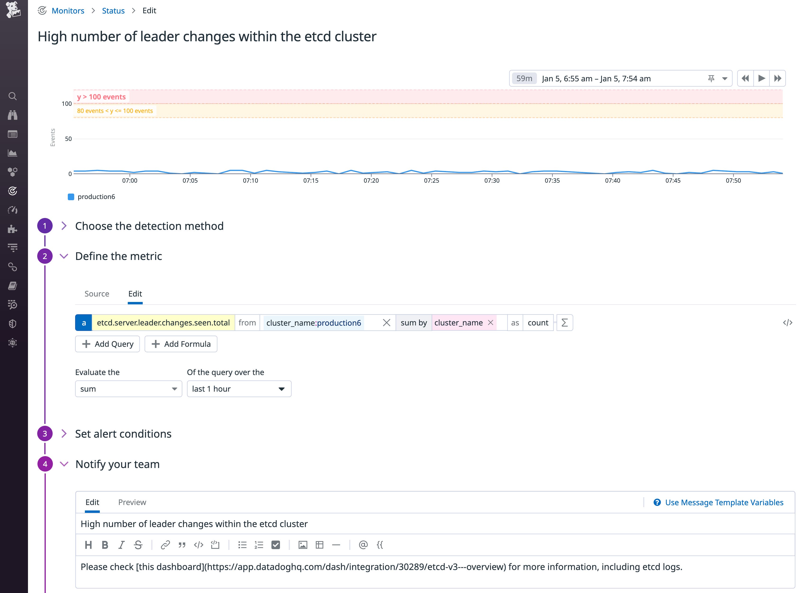A monitor definition specifies the metric, the alert and warning thresholds, and the notification message. A monitor definition specifies the metric, the alert and warning thresholds, and the notification message.