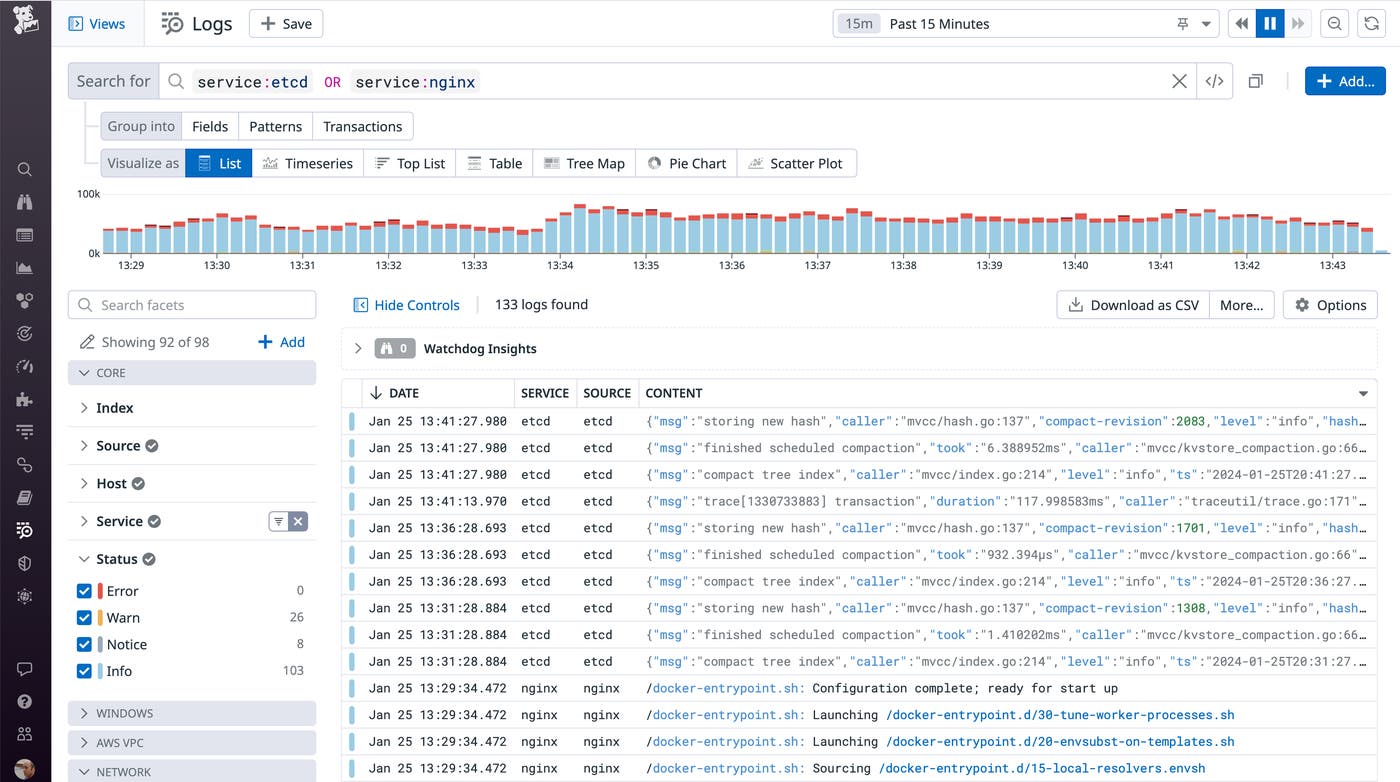 The Log Explorer shows logs from the etcd service and the NGINX service. The Log Explorer shows logs from the etcd service and the NGINX service.