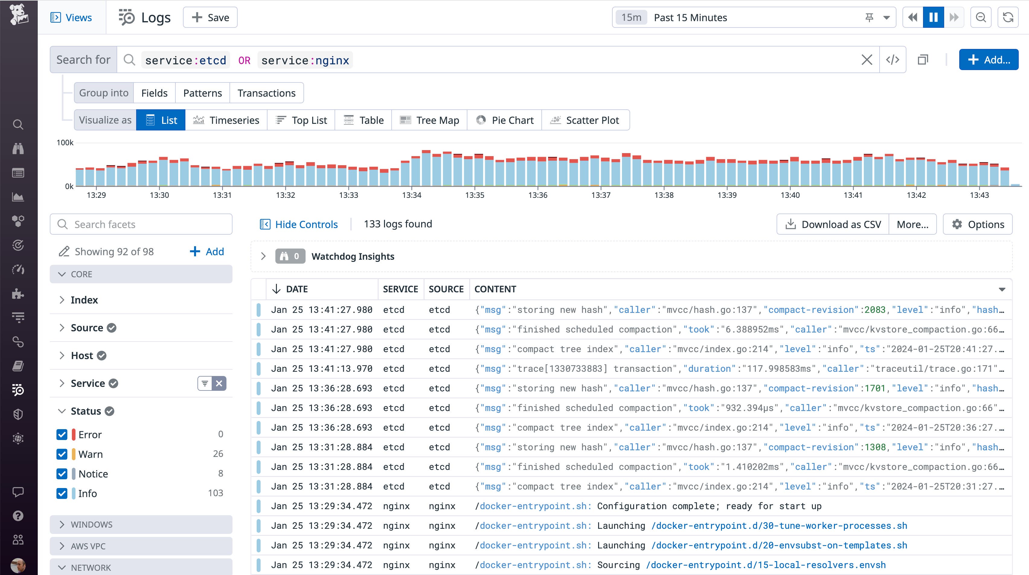 The Log Explorer shows logs from the etcd service and the NGINX service. The Log Explorer shows logs from the etcd service and the NGINX service.