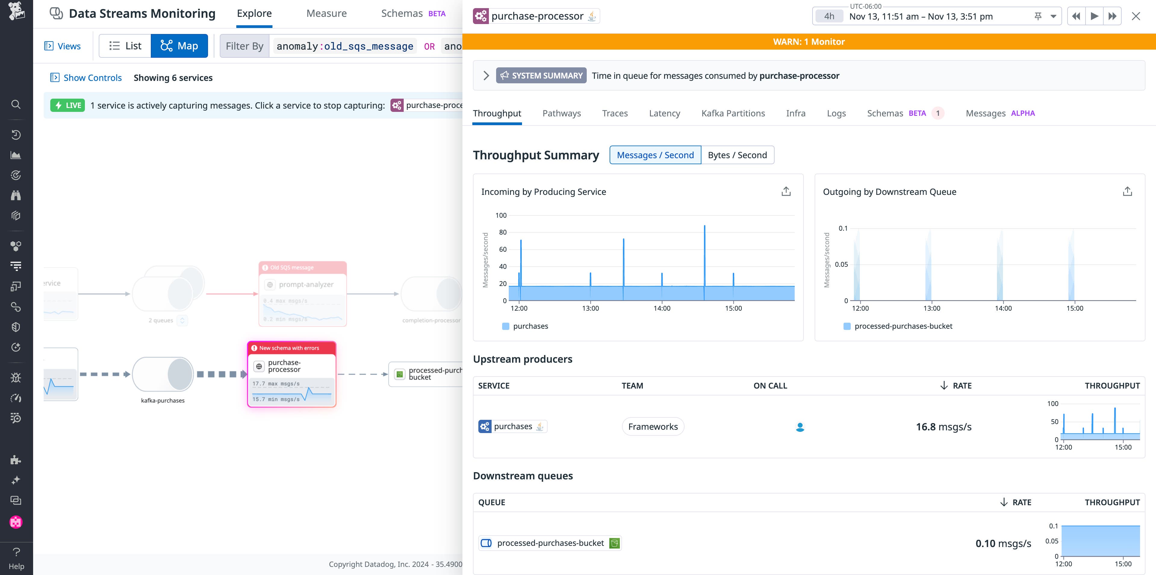 View of a Datadog Data Streams Monitoring showing throughput metrics, upstream producers, and downstream queues View of a Datadog Data Streams Monitoring showing throughput metrics, upstream producers, and downstream queues