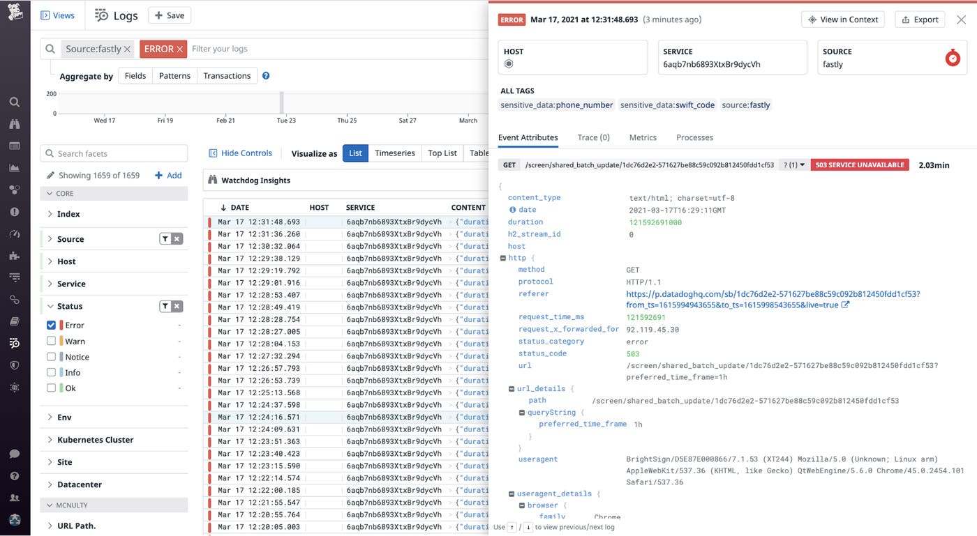 View Fastly logs in Datadog Log Management. View Fastly logs in Datadog Log Management.