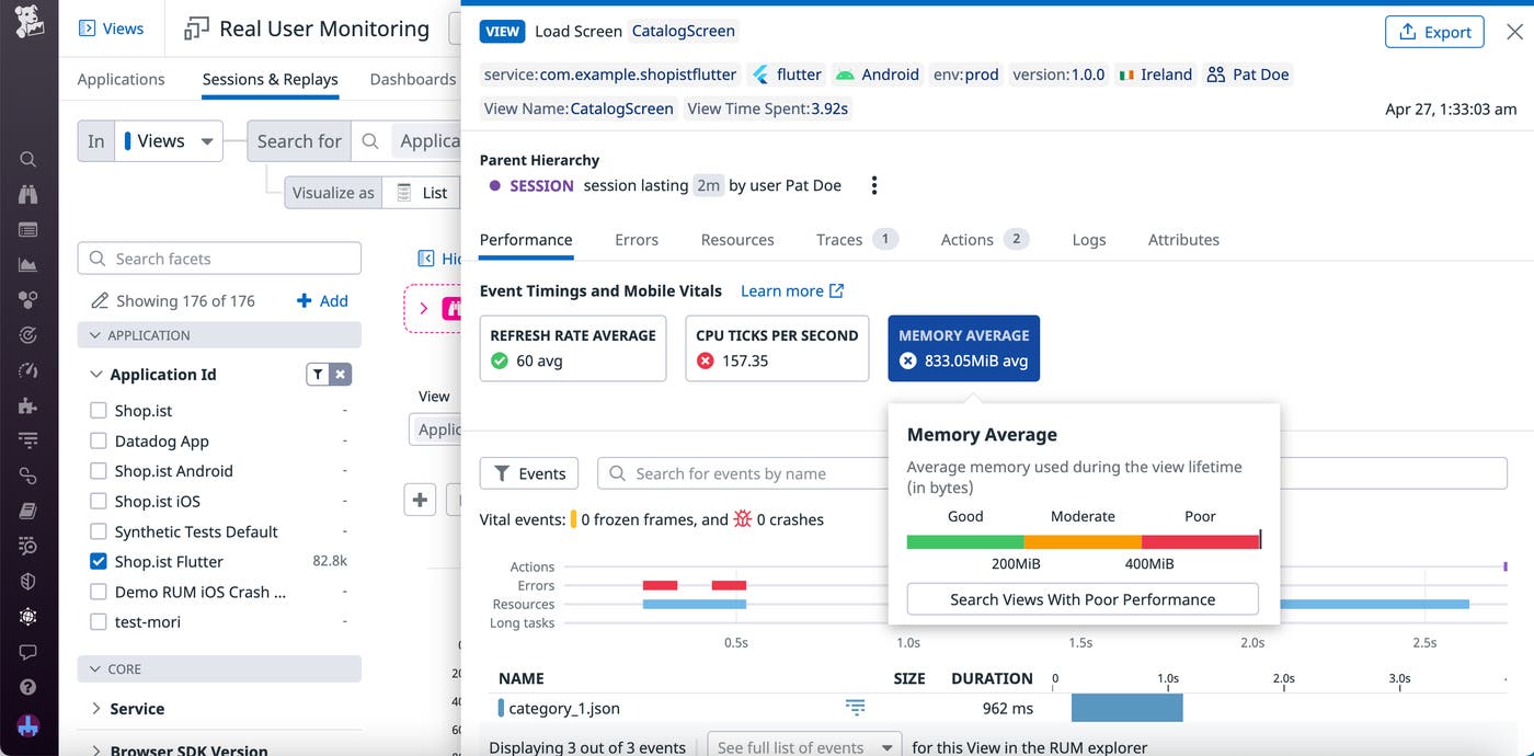 Event timings and Mobile Vitals for a Flutter view with poor CPU ticks per second and memory usage. Event timings and Mobile Vitals for a Flutter view with poor CPU ticks per second and memory usage.
