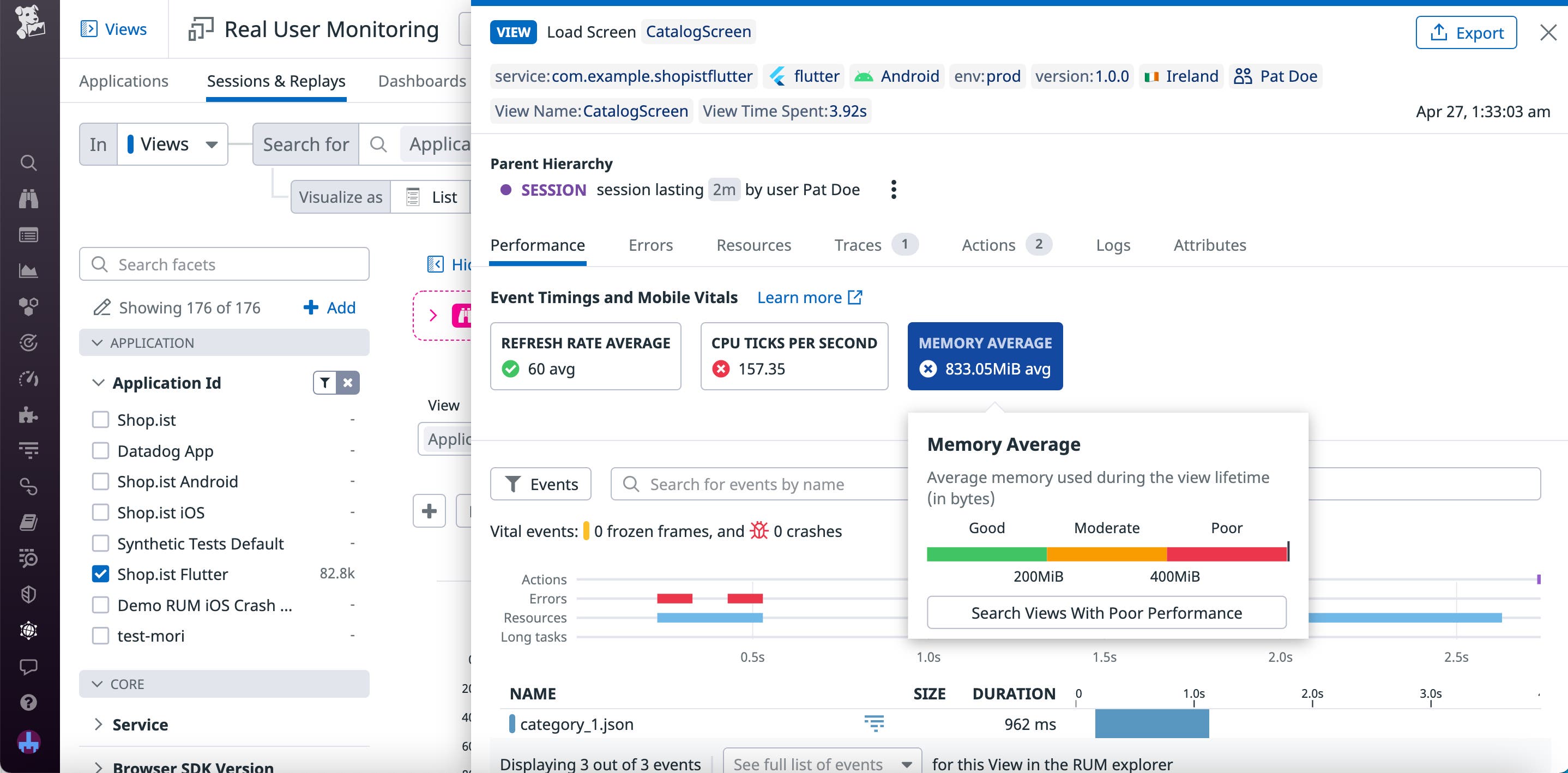 Event timings and Mobile Vitals for a Flutter view with poor CPU ticks per second and memory usage. Event timings and Mobile Vitals for a Flutter view with poor CPU ticks per second and memory usage.