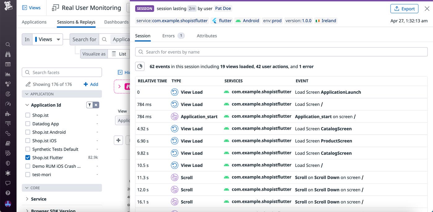 Timeline for a Flutter session, showing an app start event followed by load and scroll events. Timeline for a Flutter session, showing an app start event followed by load and scroll events.
