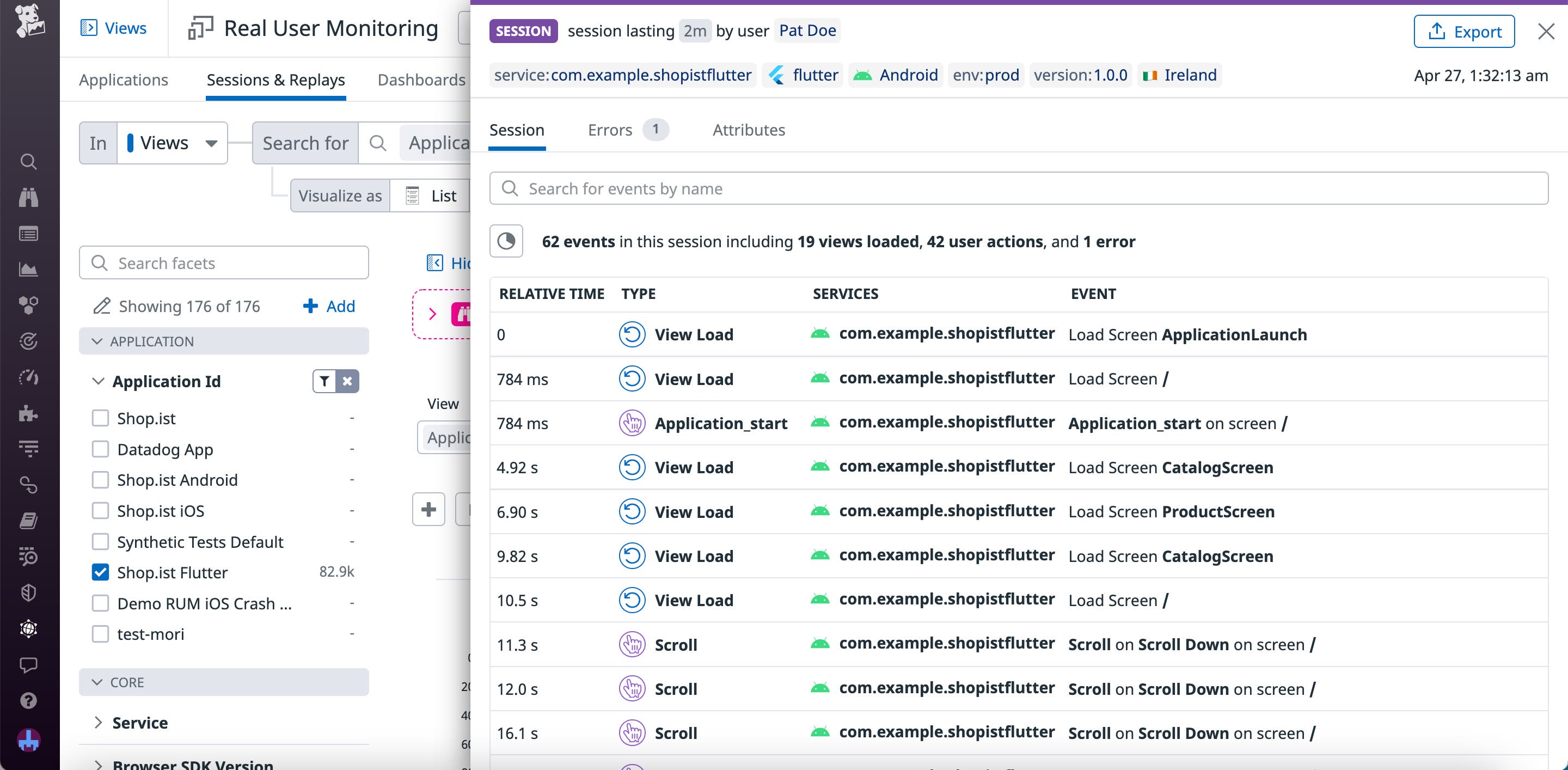 Timeline for a Flutter session, showing an app start event followed by load and scroll events. Timeline for a Flutter session, showing an app start event followed by load and scroll events.