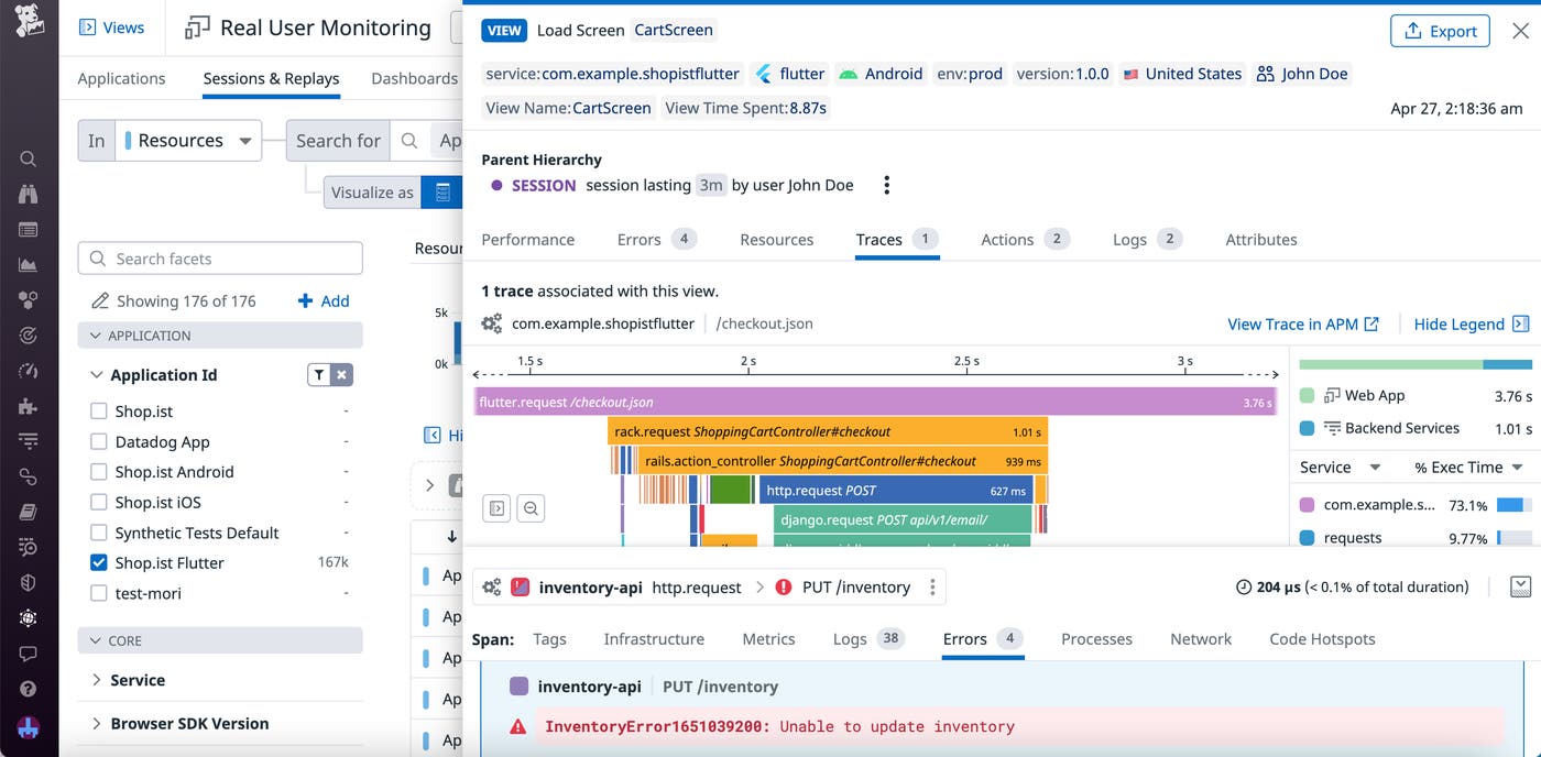 Traces for a Flutter view with an error message on one of the requests. Traces for a Flutter view with an error message on one of the requests.