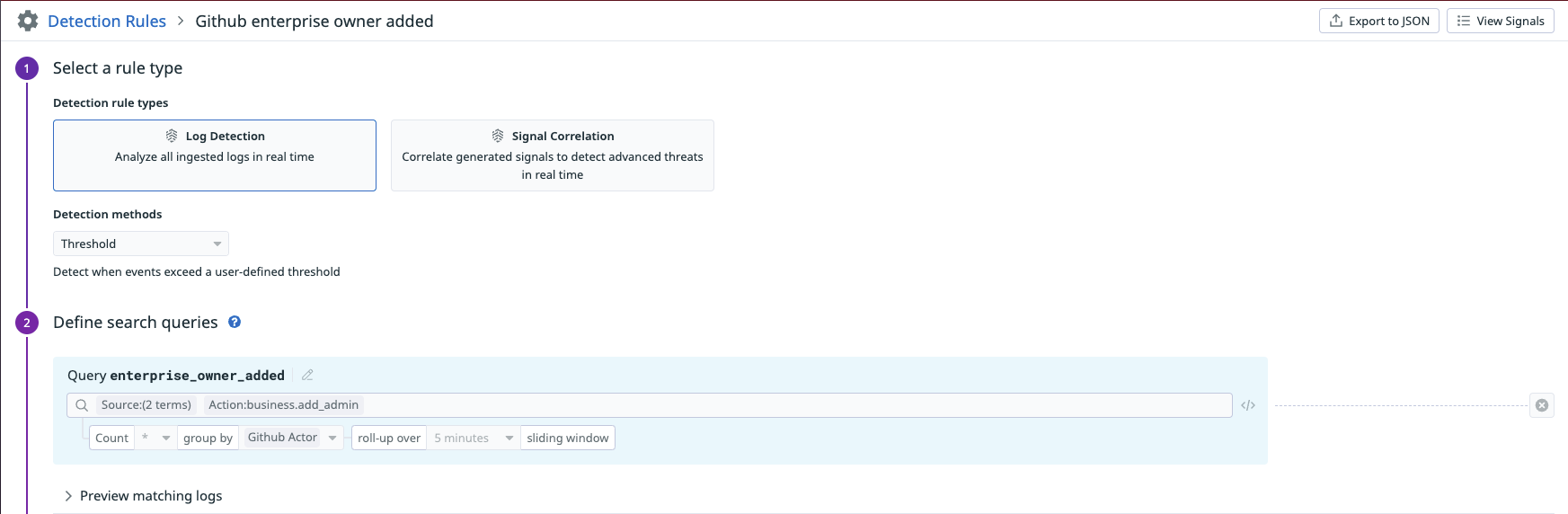 Datadog Cloud SIEM rule detecting the addition of an enterprise owner in GitHub