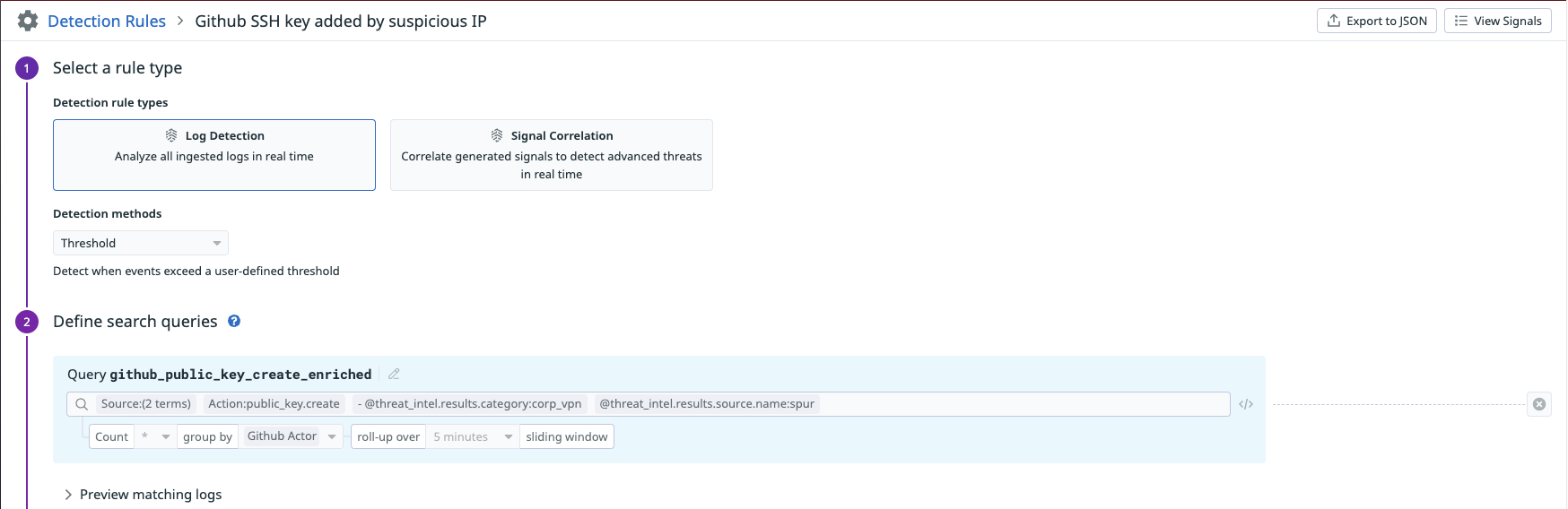 Datadog Cloud SIEM rule detecting the addition of an SSH key in GitHub by a suspicious IP