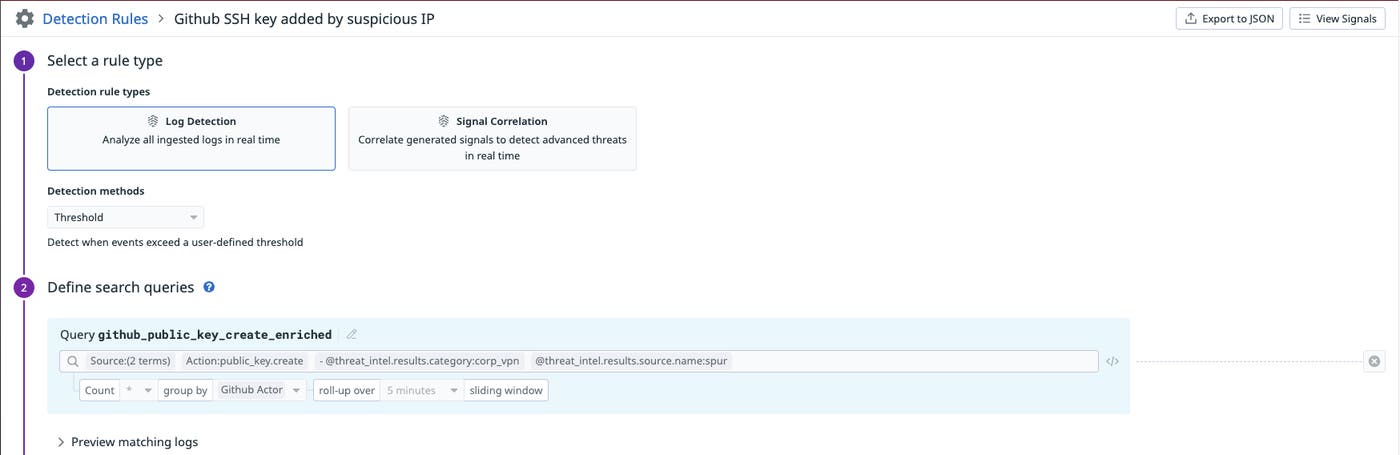 Datadog Cloud SIEM rule detecting the addition of an SSH key in GitHub by a suspicious IP Datadog Cloud SIEM rule detecting the addition of an SSH key in GitHub by a suspicious IP