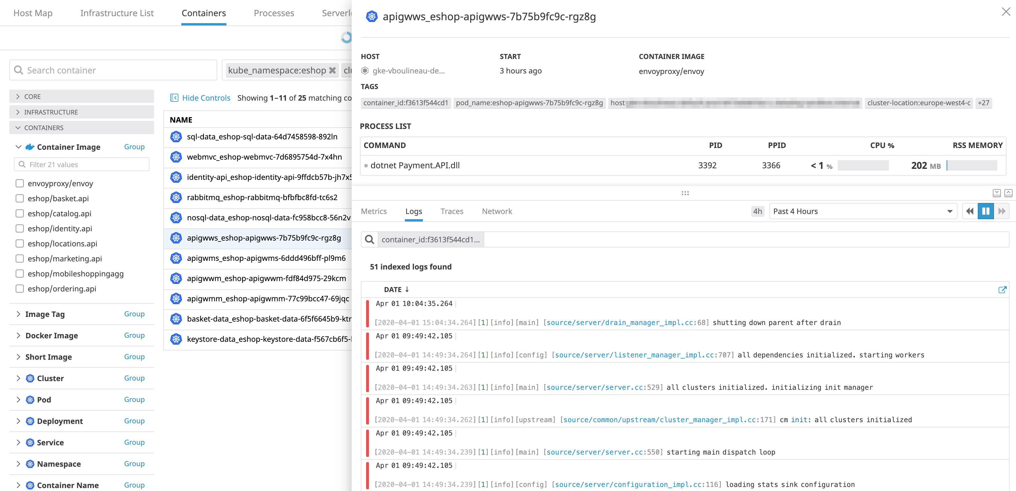 View a list of containers in real time