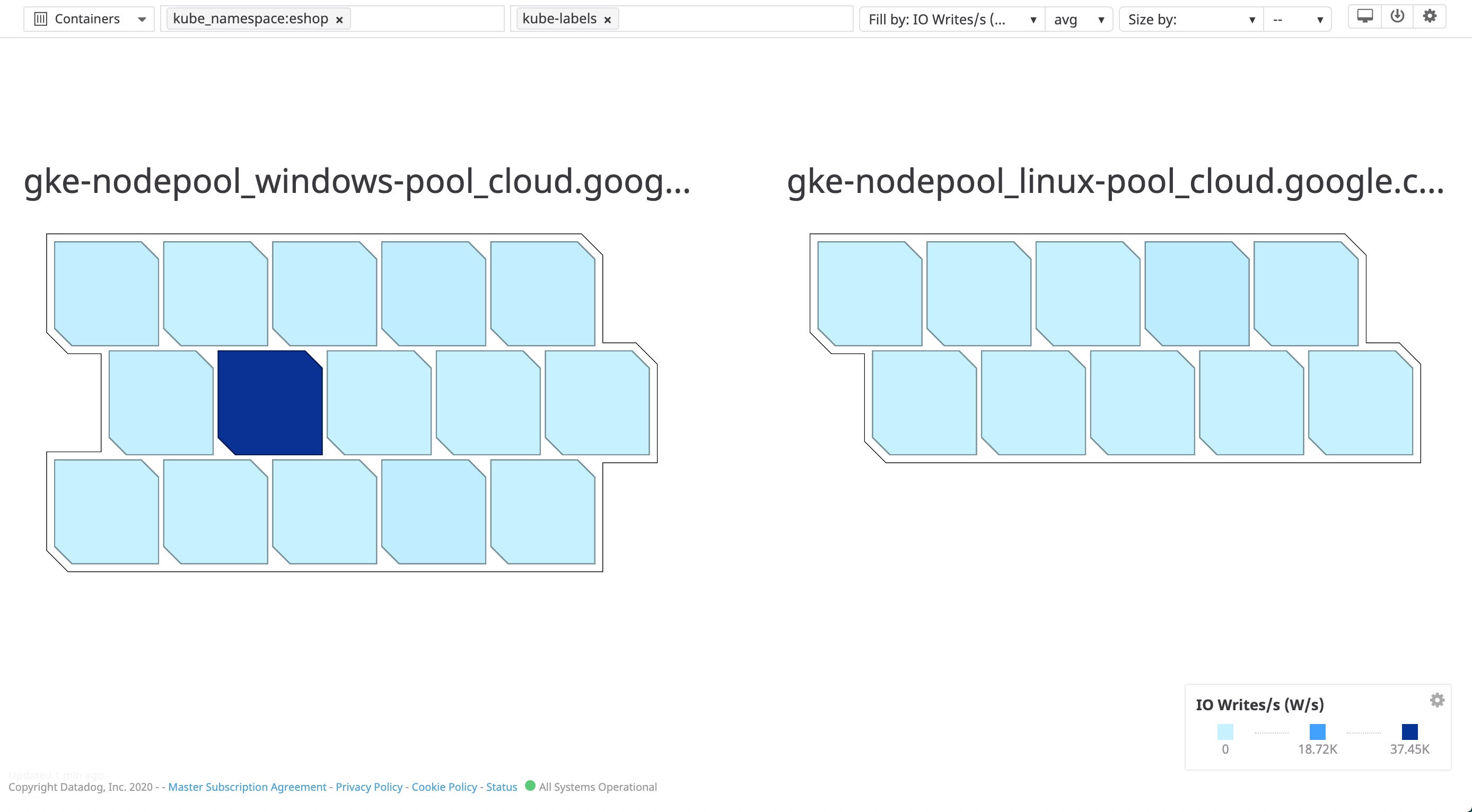 Visualize containers from your cluster's Windows and Linux node pools with Datadog's container map. Visualize containers from your cluster's Windows and Linux node pools with Datadog's container map.
