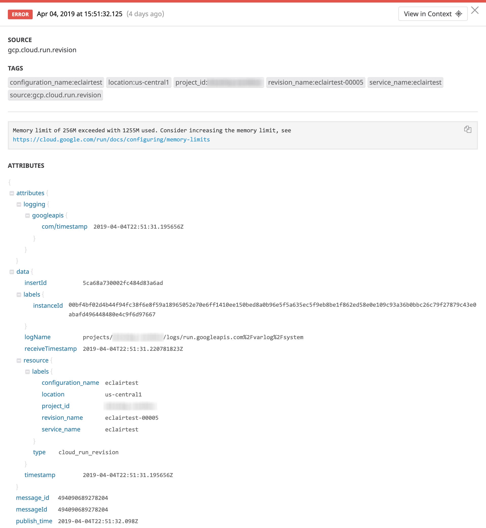 A processed log line from Google Cloud Run containers in Datadog A processed log line from Google Cloud Run containers in Datadog