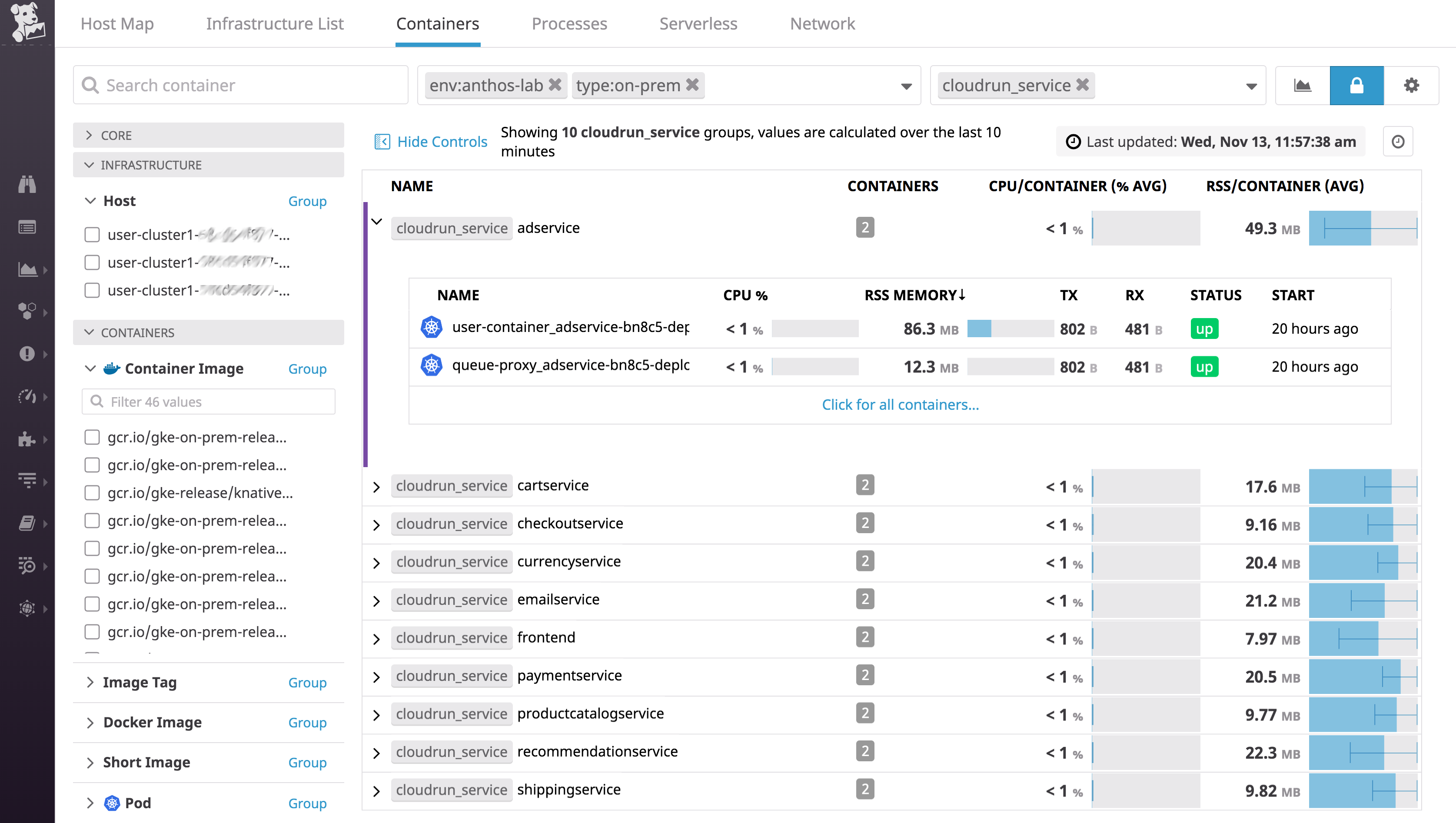 The Live Containers view shows containers grouped by the cloudrun service tag.
