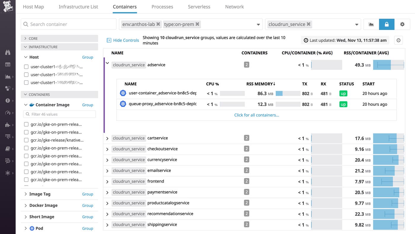The Live Containers view shows containers grouped by the cloudrun service tag. The Live Containers view shows containers grouped by the cloudrun service tag.