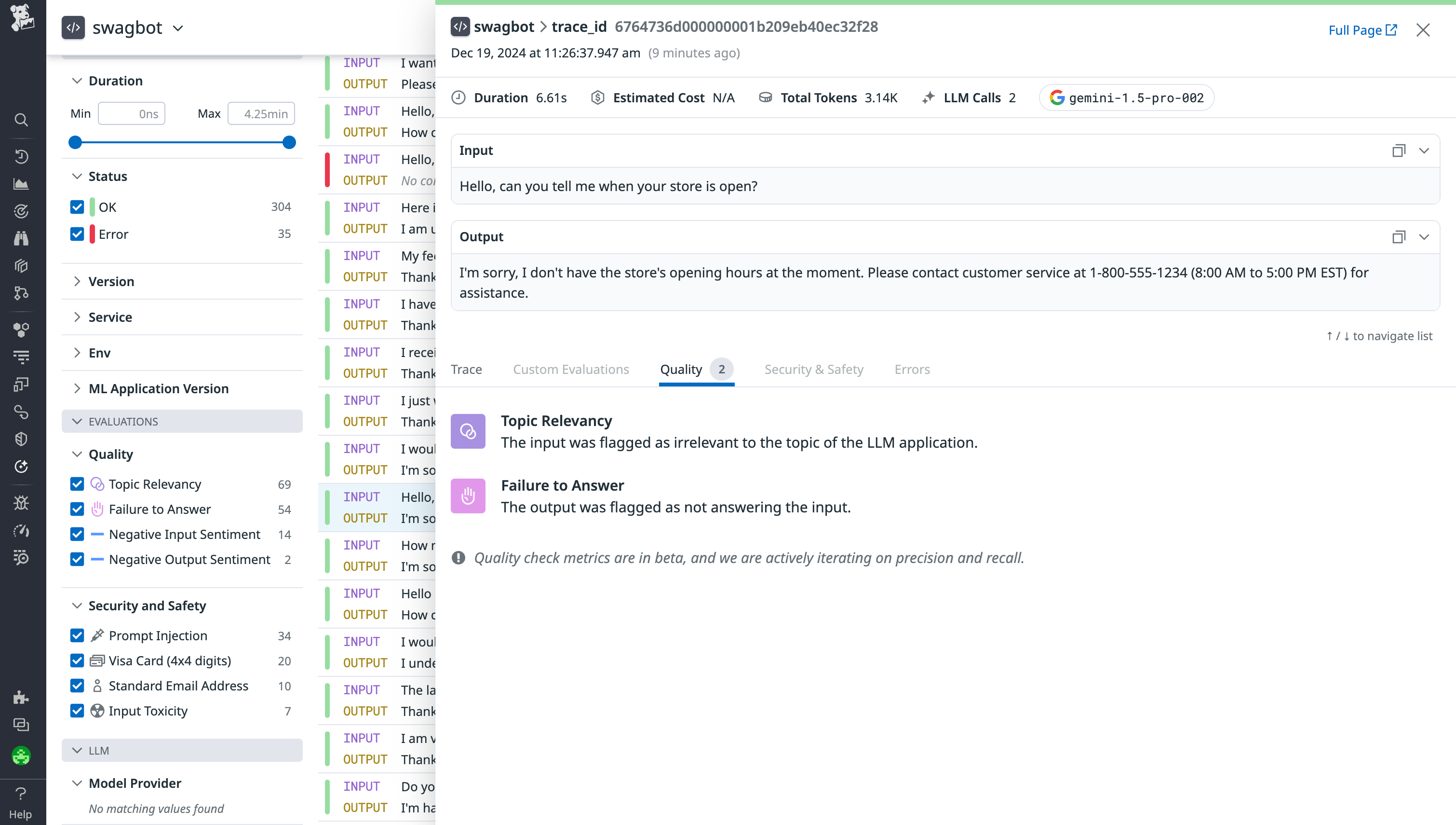 View out-of-the-box quality and safety evaluations for Gemini applications