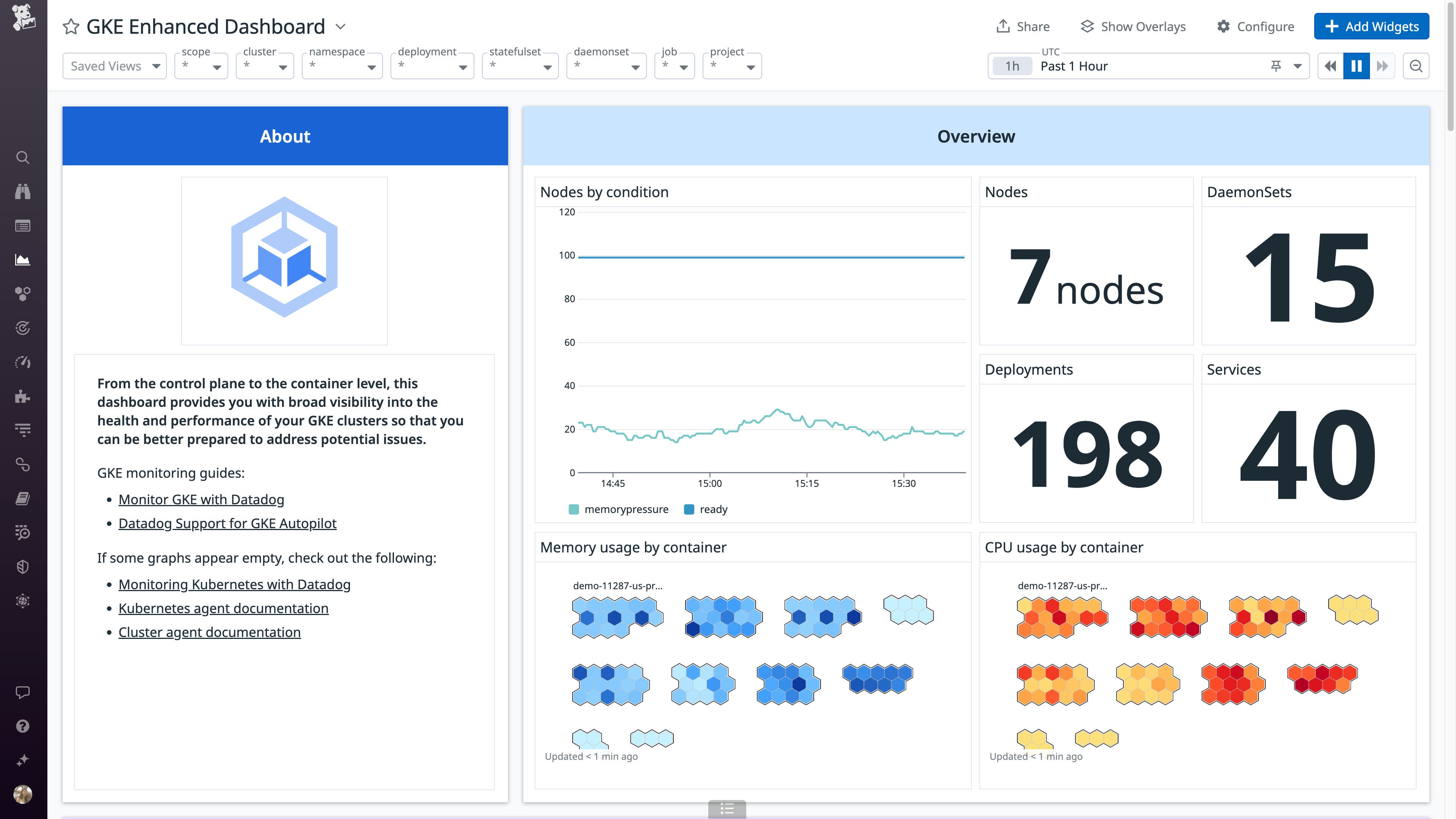 Datadog's GKE Enhanced dashboard provides deep visibility into your Google Kubernetes Engine cluster. Datadog's GKE Enhanced dashboard provides deep visibility into your Google Kubernetes Engine cluster.