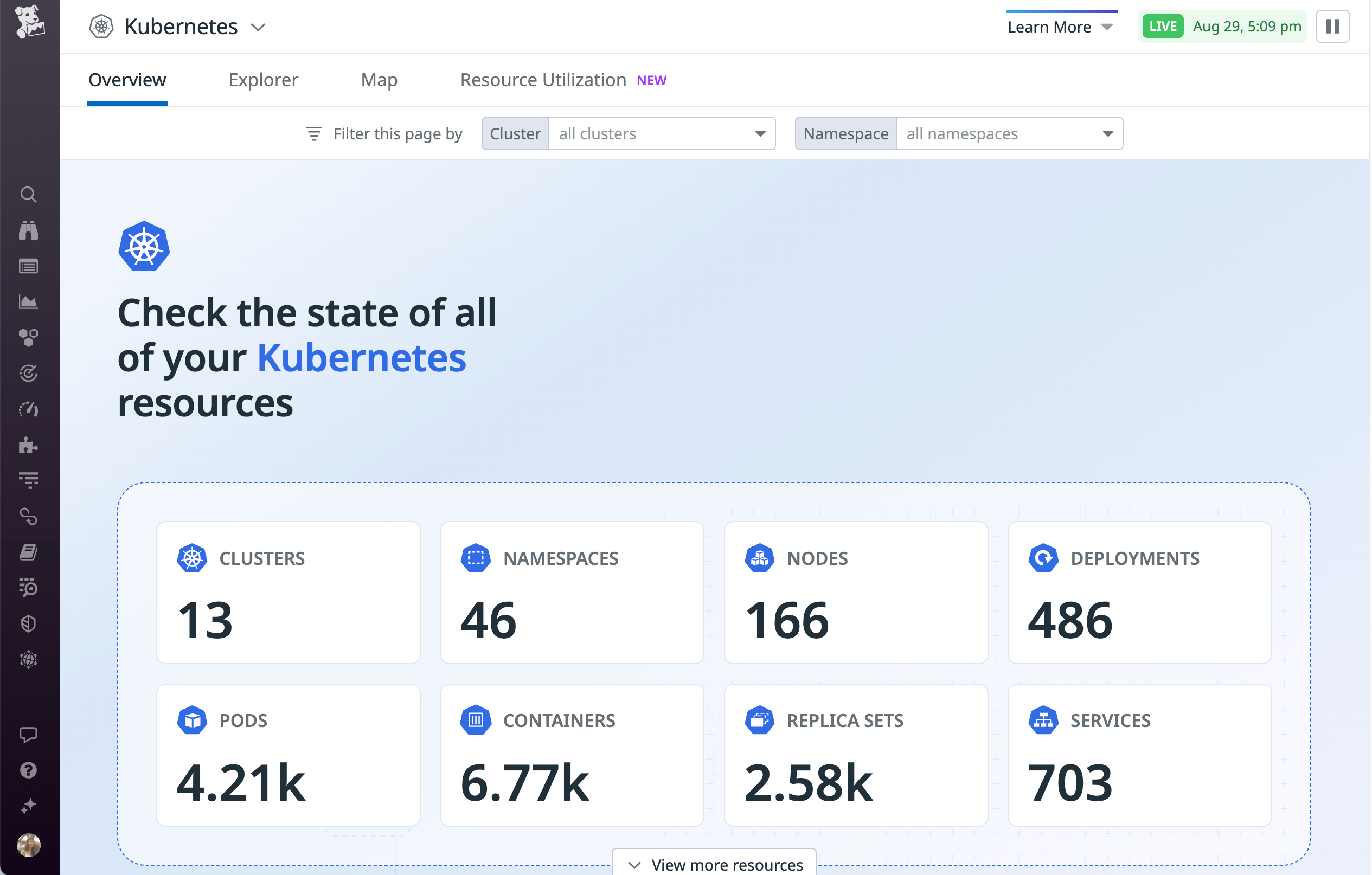 Datadog's Kubernetes Overview Page shows a comprehensive overview of the state of the resources in your Google Kubernetes Engine cluster.