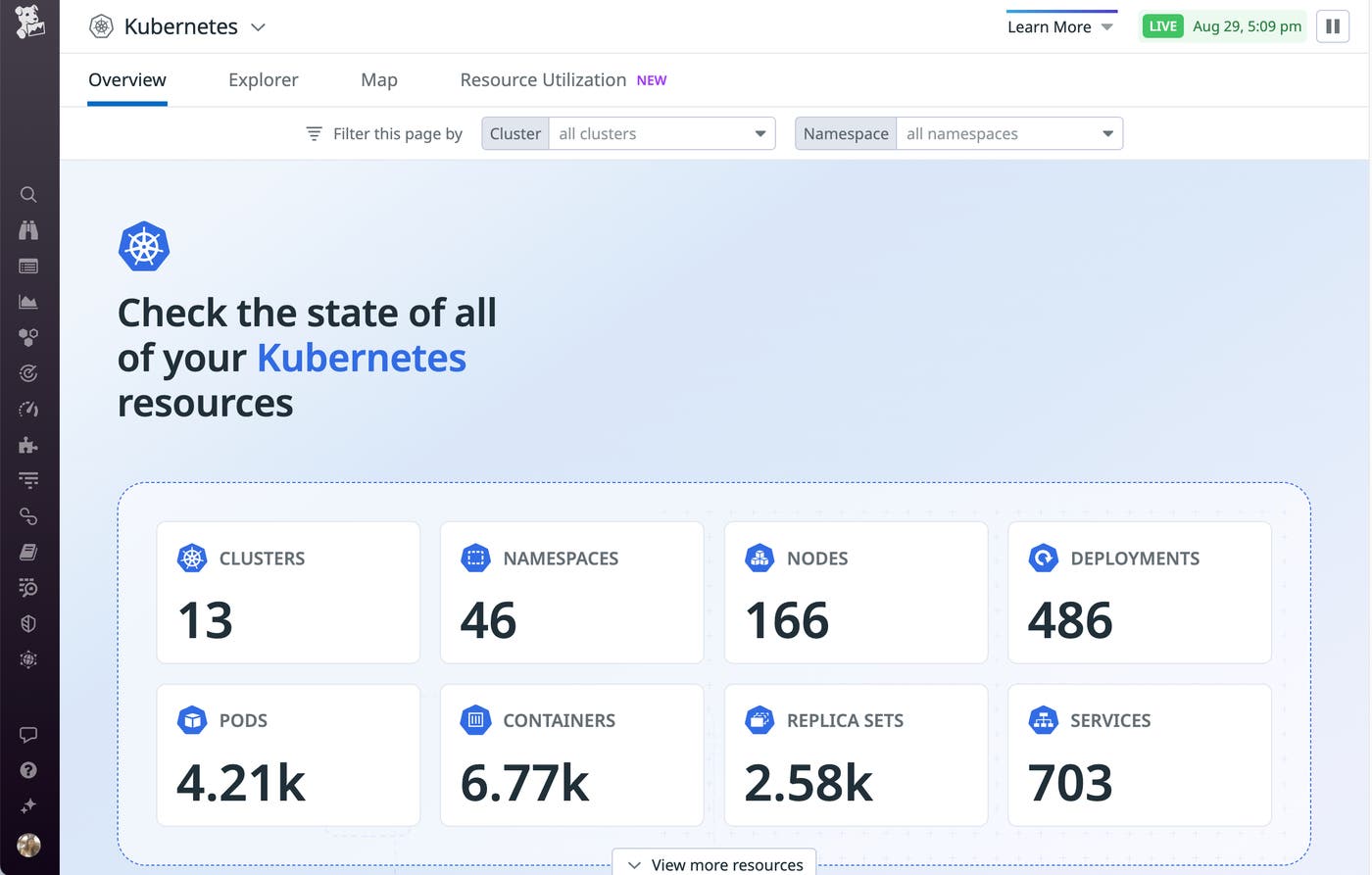 Datadog's Kubernetes Overview Page shows a comprehensive overview of the state of the resources in your Google Kubernetes Engine cluster. Datadog's Kubernetes Overview Page shows a comprehensive overview of the state of the resources in your Google Kubernetes Engine cluster.