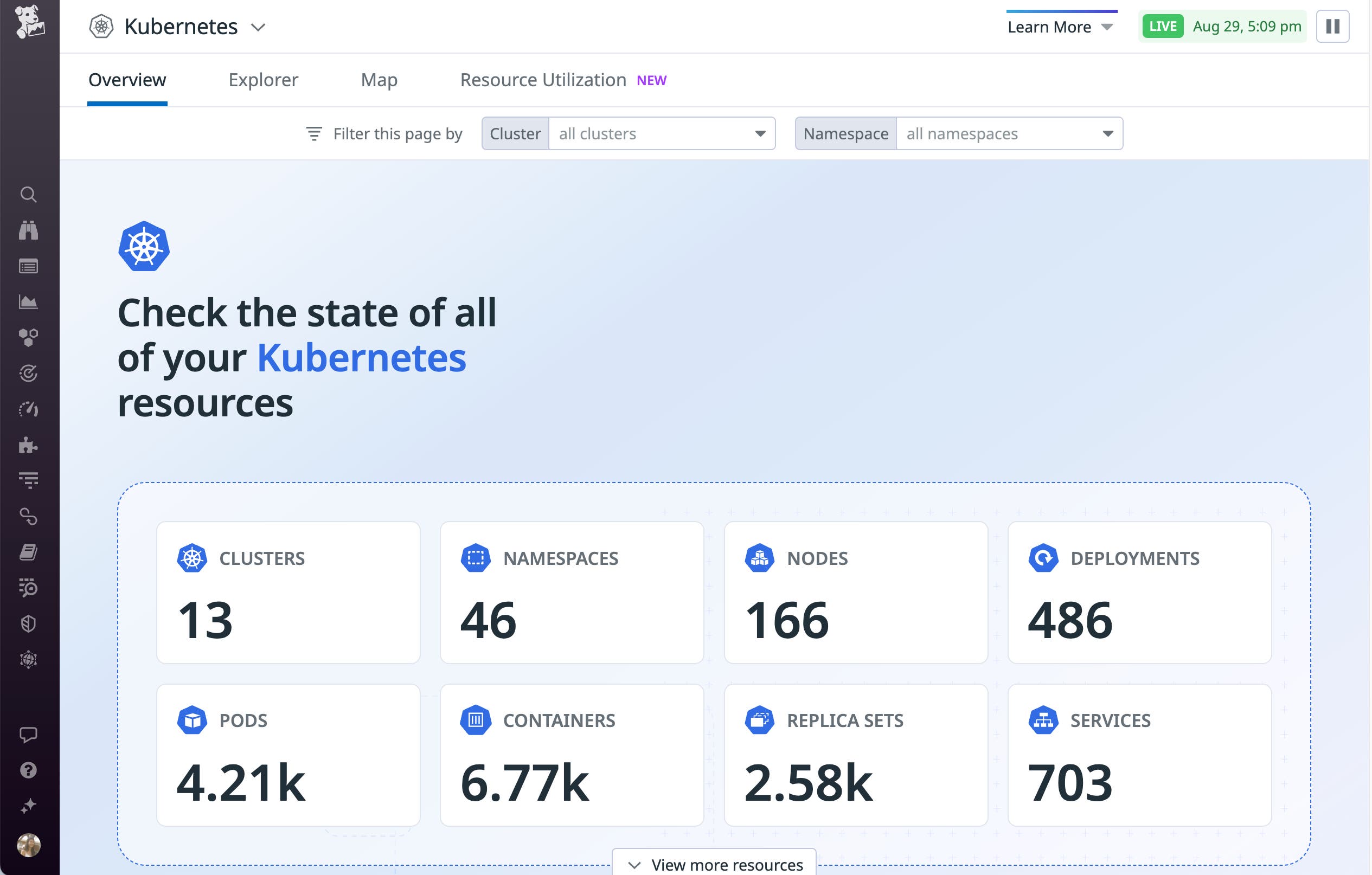 Datadog's Kubernetes Overview Page shows a comprehensive overview of the state of the resources in your Google Kubernetes Engine cluster. Datadog's Kubernetes Overview Page shows a comprehensive overview of the state of the resources in your Google Kubernetes Engine cluster.