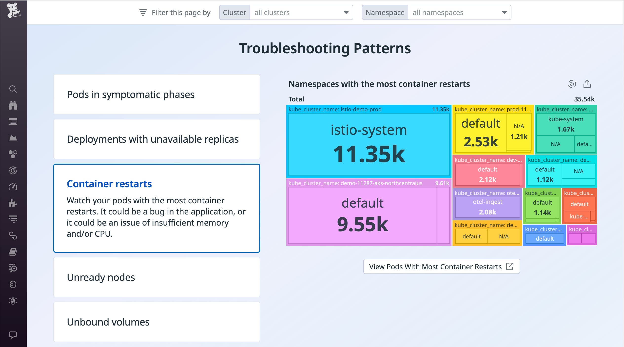 Datadog's Kubernetes Overview Page includes a Troubleshooting Patterns section that can help you spot issues in your Google Kubernetes Engine cluster that may require investigation. Datadog's Kubernetes Overview Page includes a Troubleshooting Patterns section that can help you spot issues in your Google Kubernetes Engine cluster that may require investigation.