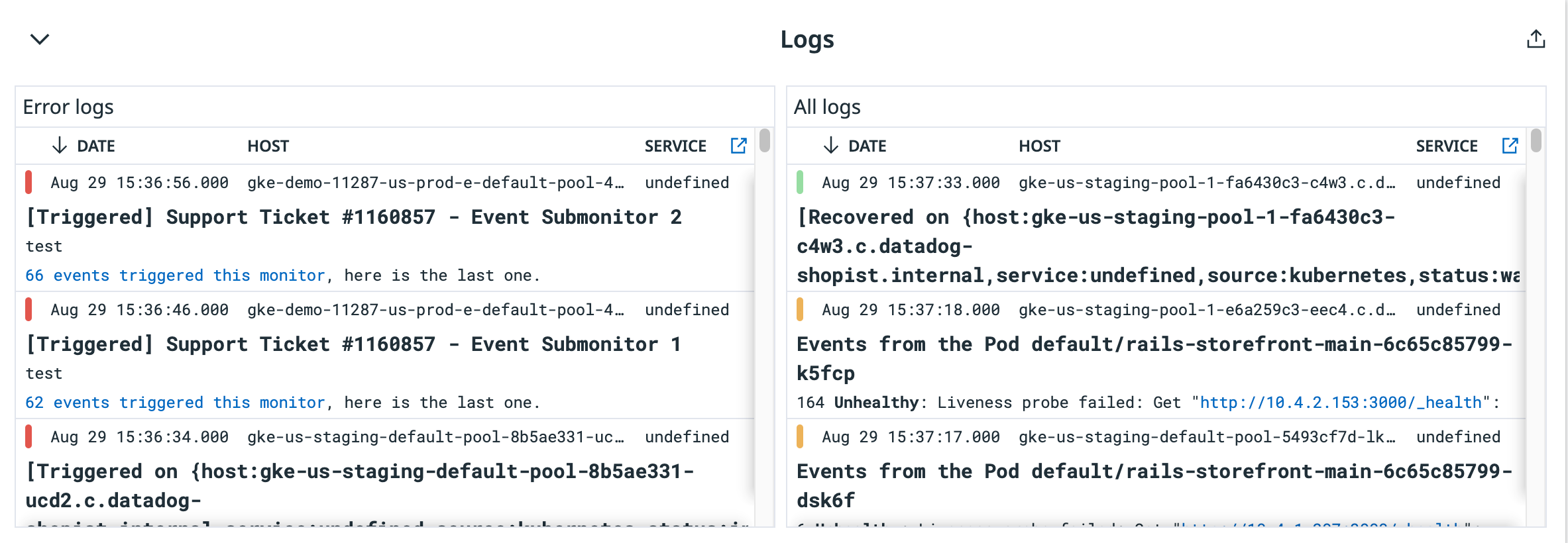 Datadog's GKE Enhanced dashboard includes logs from your Google Kubernetes Engine cluster.