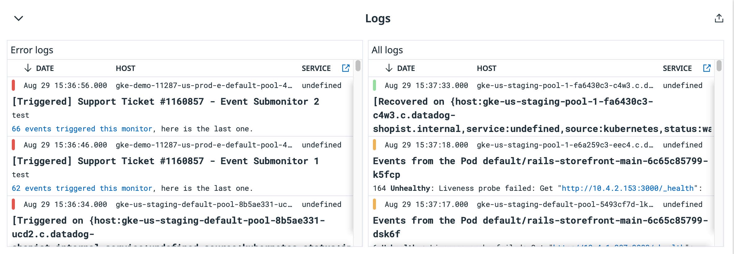Datadog's GKE Enhanced dashboard includes logs from your Google Kubernetes Engine cluster. Datadog's GKE Enhanced dashboard includes logs from your Google Kubernetes Engine cluster.