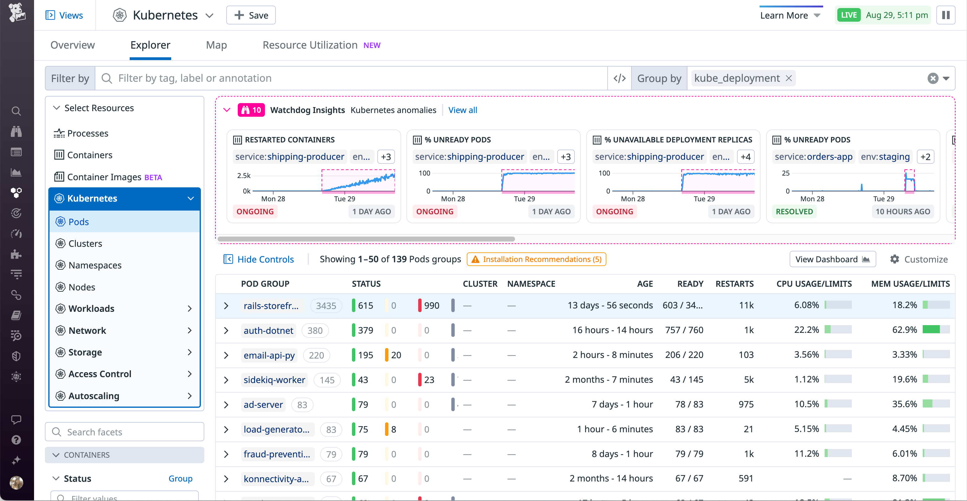 Datadog's pods view includes Watchdog Insights, which can help you automatically identify anomalous trends in your Google Kubernetes Engine cluster.