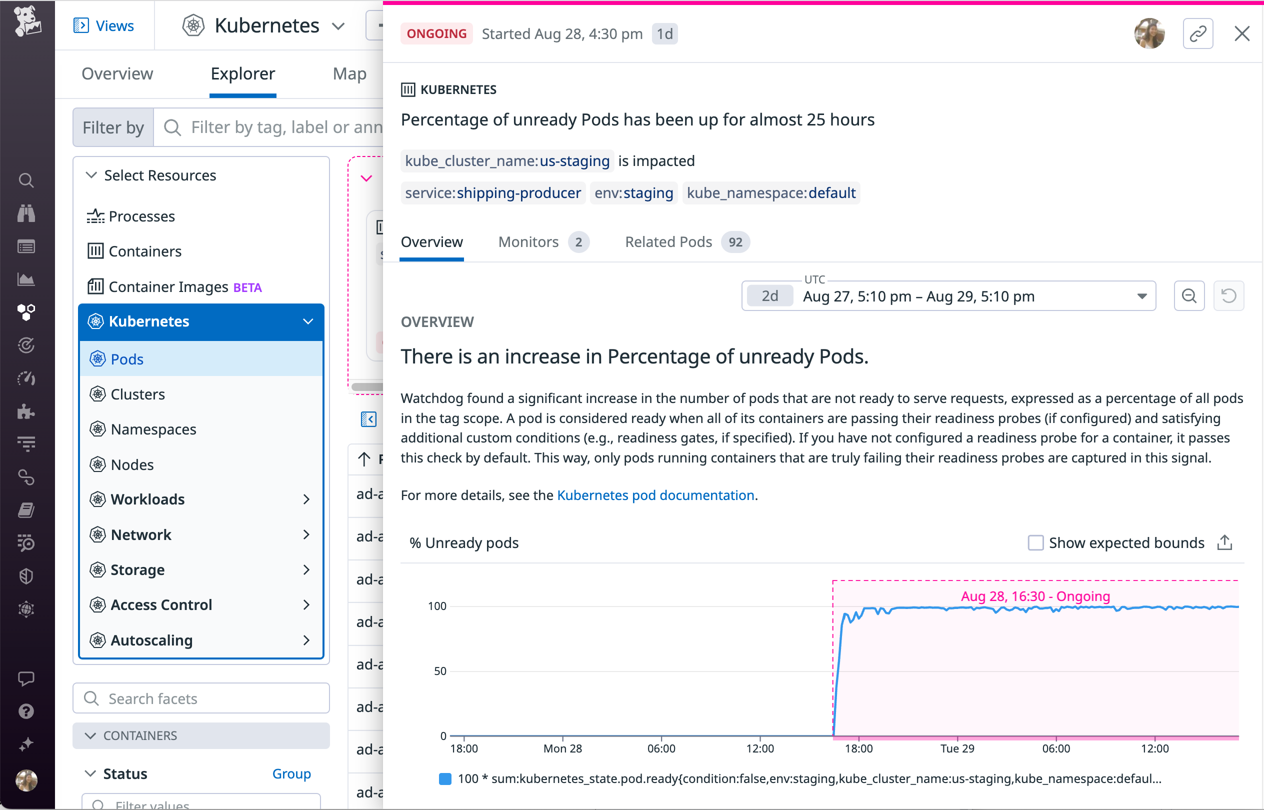 Watchdog Insights identified an increase in the percentage of unready pods in a GKE cluster.