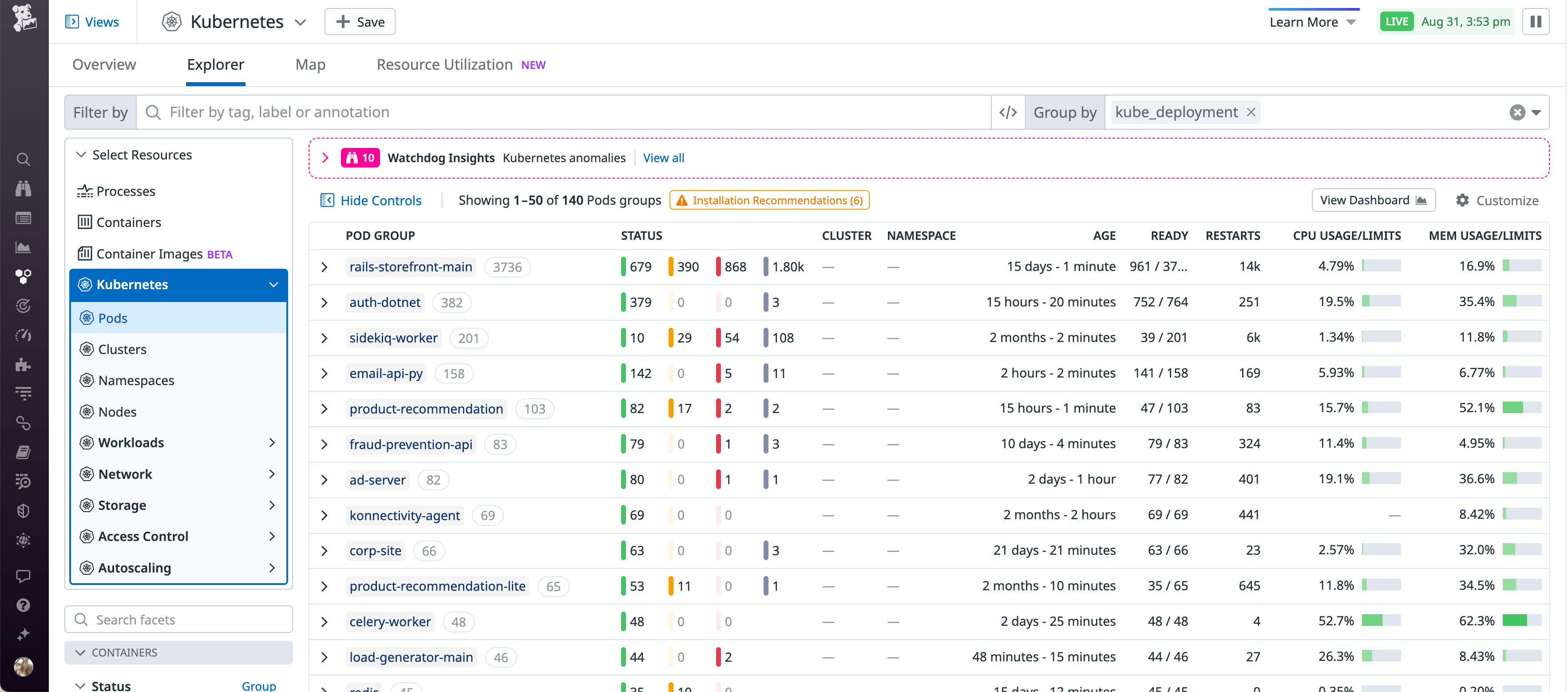 In the pods view, you can group your GKE cluster resources by any tag, such as kube_deployment.