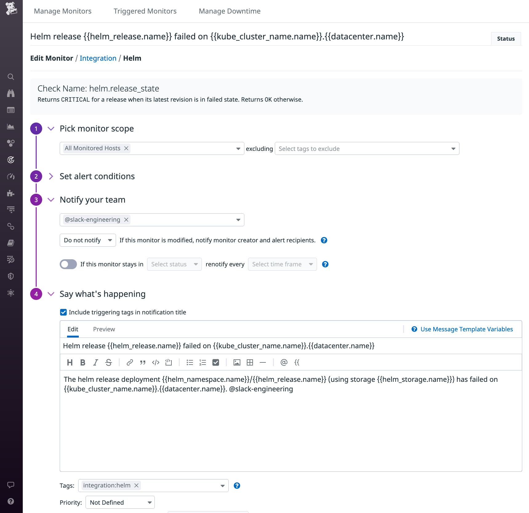 A screenshot shows the configuration of a Helm alert, which will trigger if the Helm service check fails five times on any release.