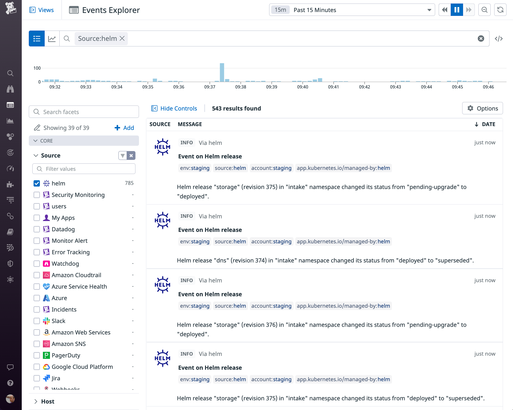 A screenshot shows Helm events in the Events Explorer, which presents a list of messages that describe changes in status of releases in the cluster.