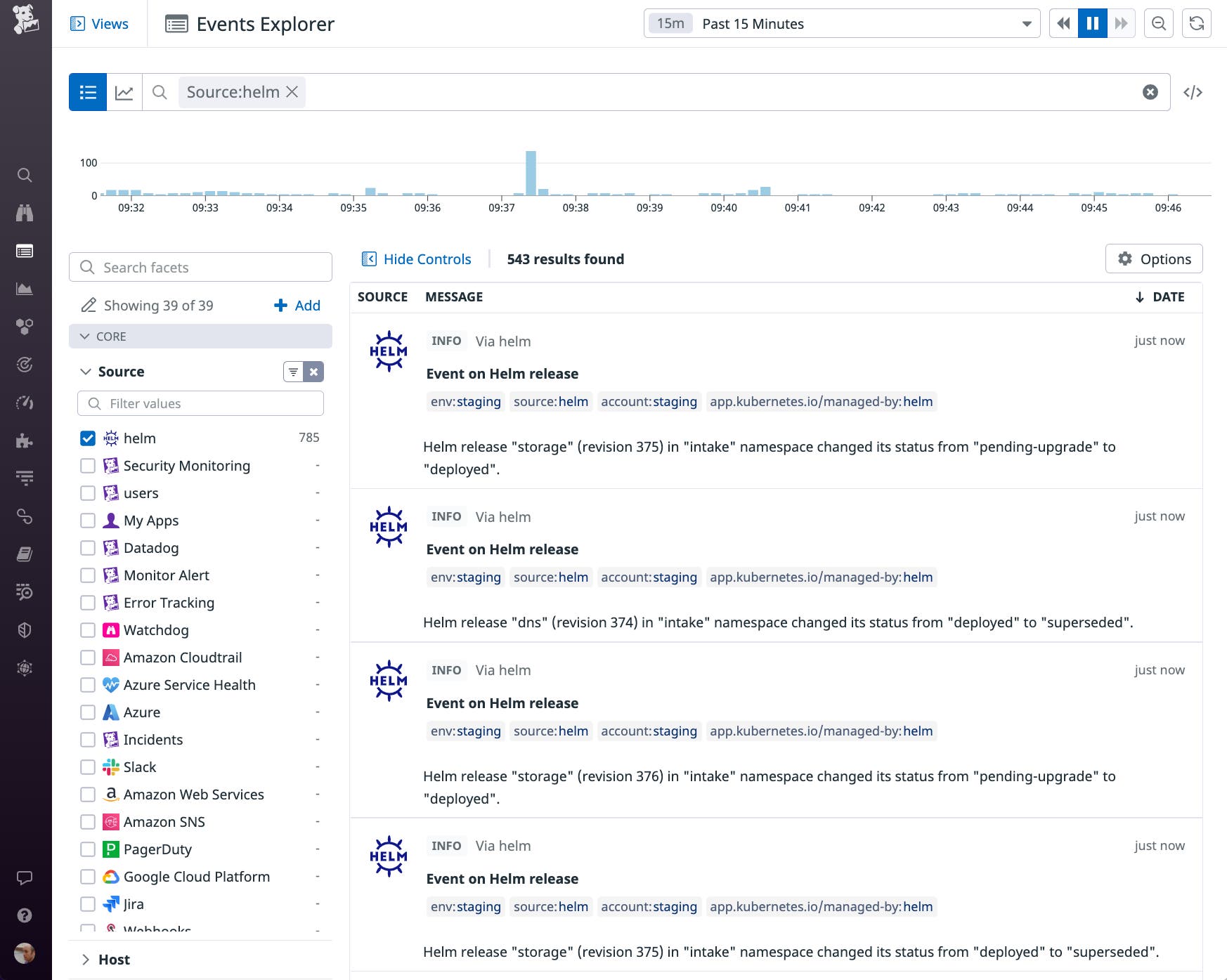 A screenshot shows Helm events in the Events Explorer, which presents a list of messages that describe changes in status of releases in the cluster. A screenshot shows Helm events in the Events Explorer, which presents a list of messages that describe changes in status of releases in the cluster.