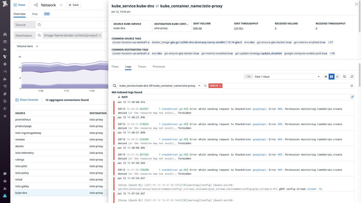 Istio networking: The Network Page sidebar lets you view Istio traffic data in context with logs. Istio networking: The Network Page sidebar lets you view Istio traffic data in context with logs.