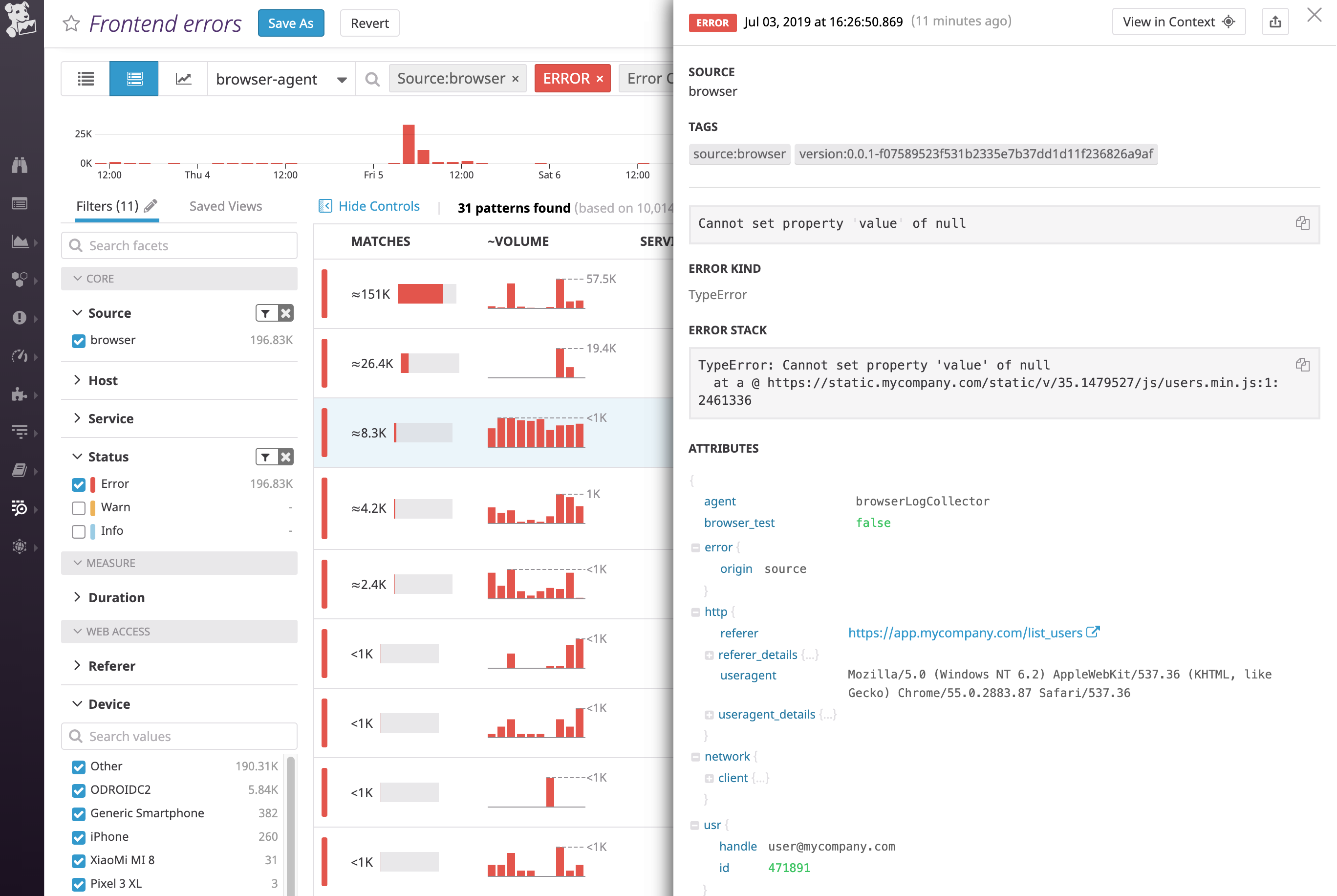 monitor JavaScript console error logs with Datadog