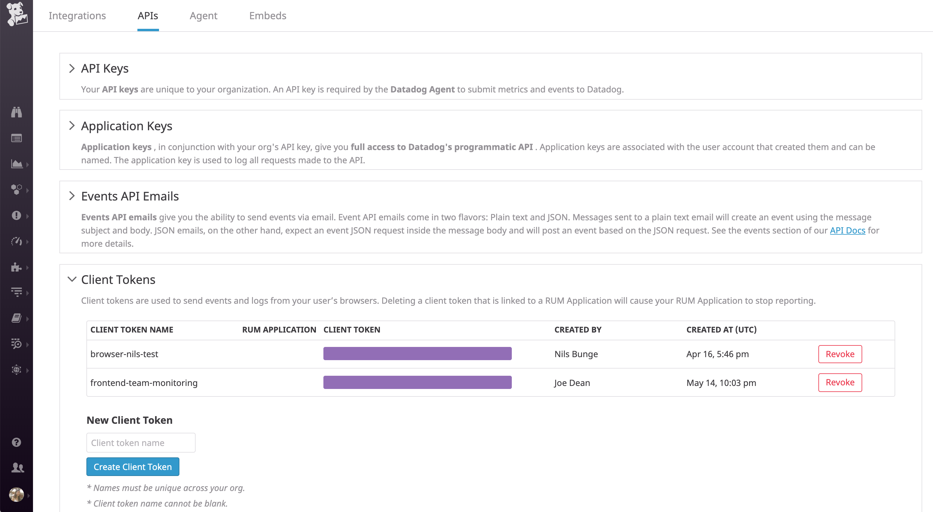 collect javascript console logs and custom JavaScript logs by generating a Datadog client token