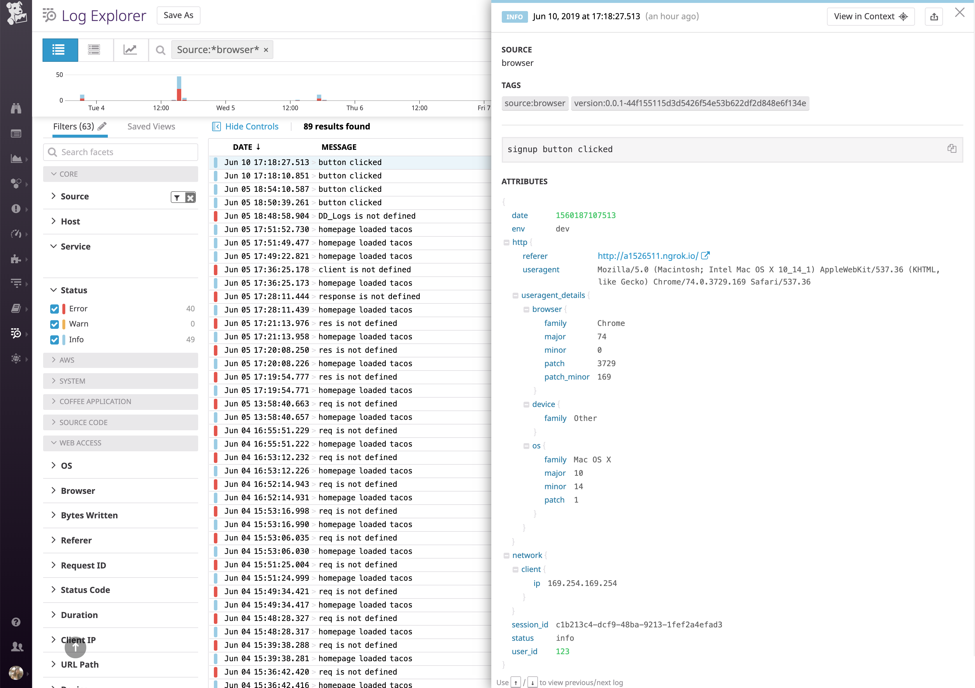 custom JavaScript browser log collection with datadog - collect analytics around any kind of website activity including user id, other custom attributes