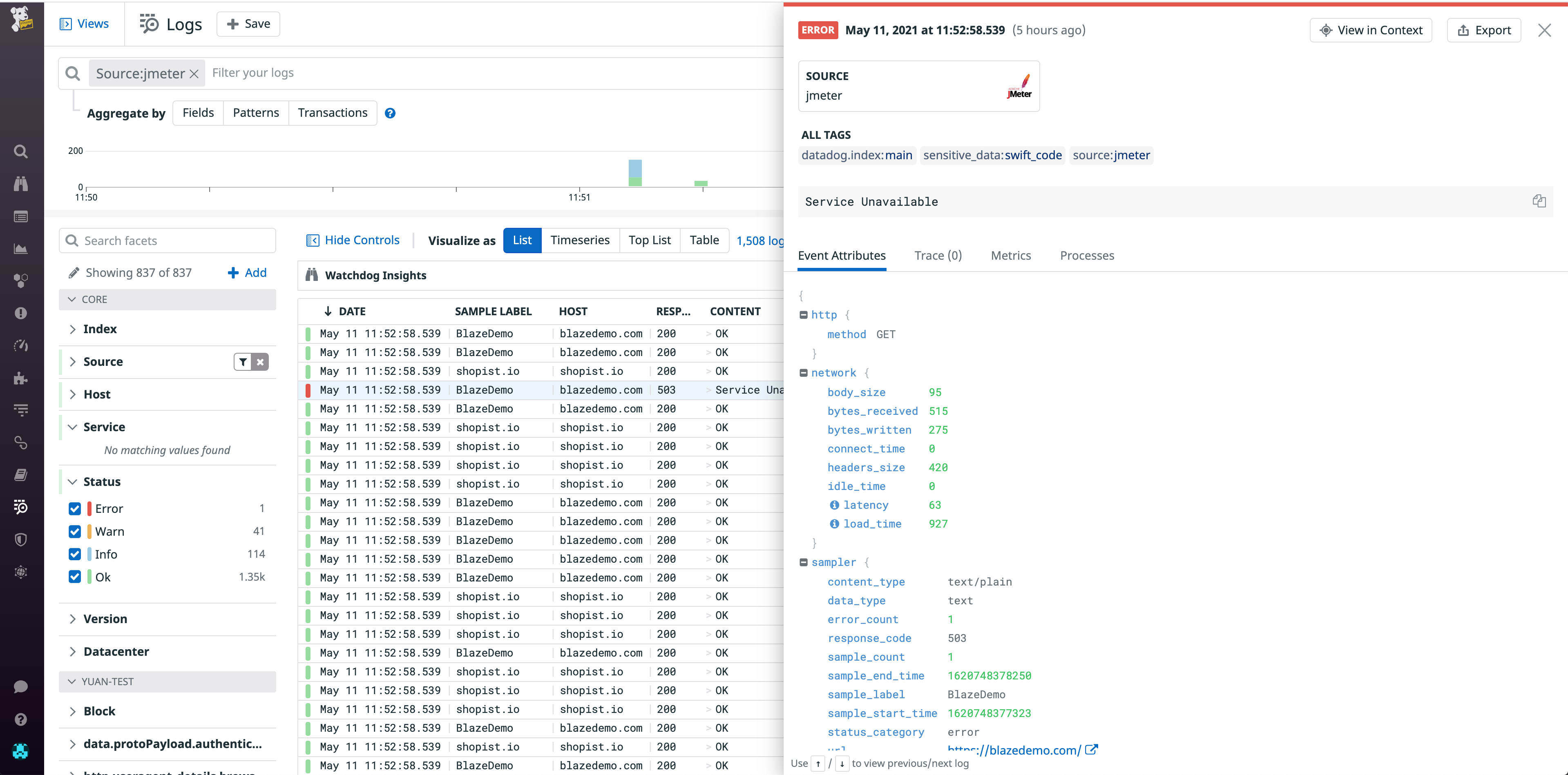 JMeter log in the log explorer displaying a 500 error and surrounding context