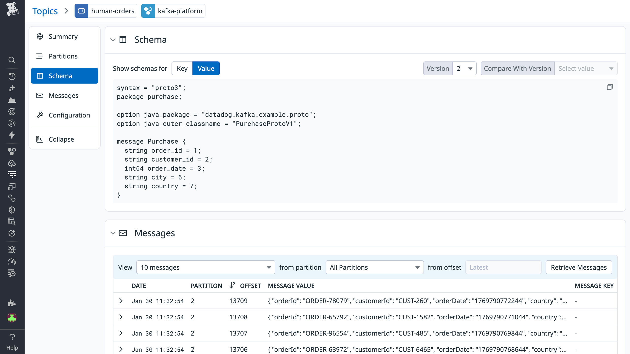 Inspecting Kafka topic metadata in Data Streams Monitoring Kafka Admin.
