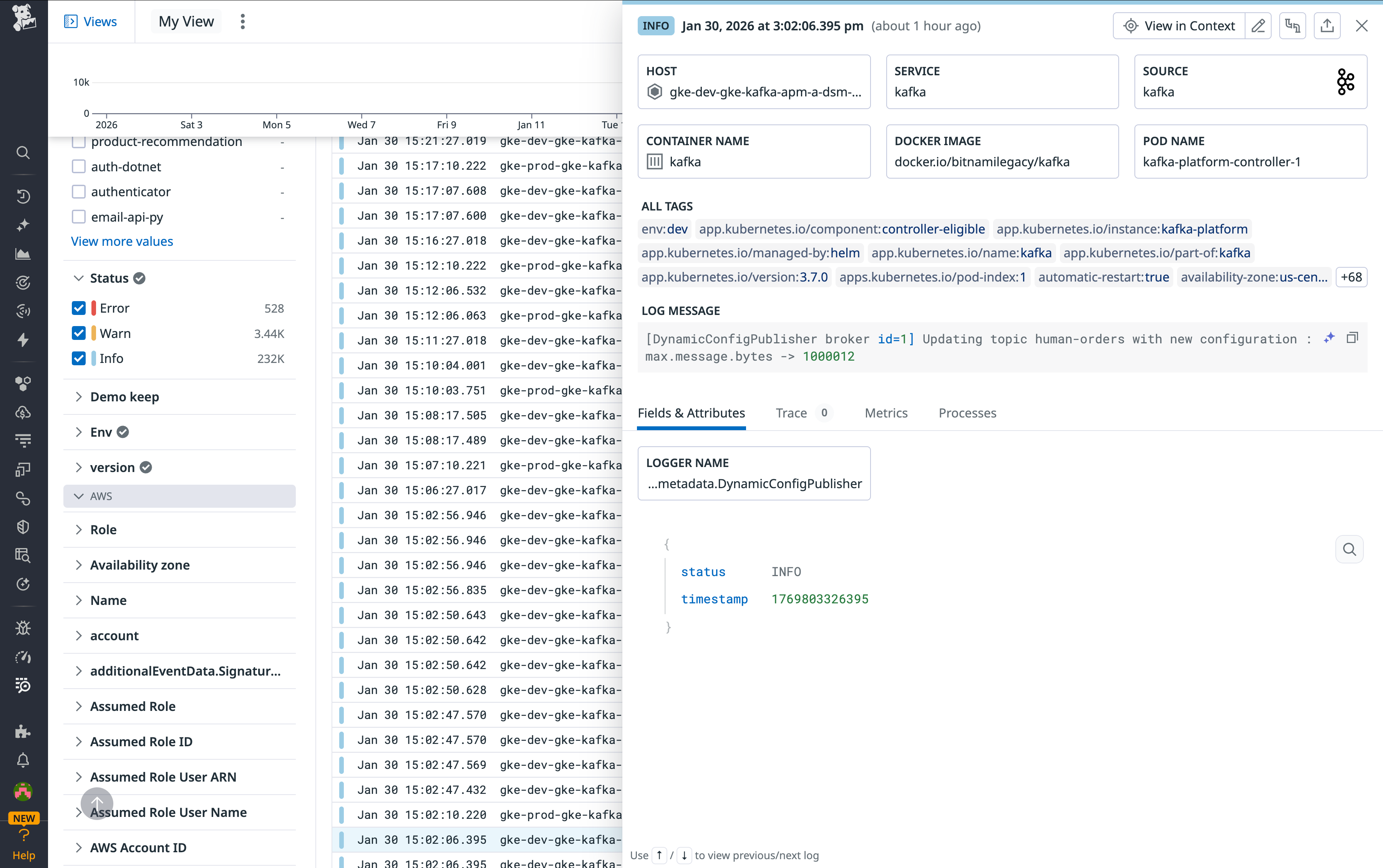 A Kafka log stream in the Log Explorer.